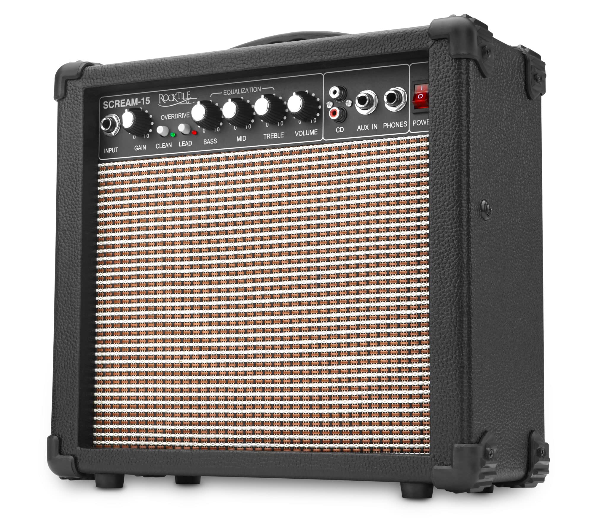Rocktile E-Gitarren Add On Komplettset Full, Amplificatore, Controllo gain | Combo per chitarra da 15 watt, 2 canali (Clean/Overdrive), Uscita cuffie jack 6, 35 mm, Ingresso AUX jack 6, Peso: 4, 3 kg