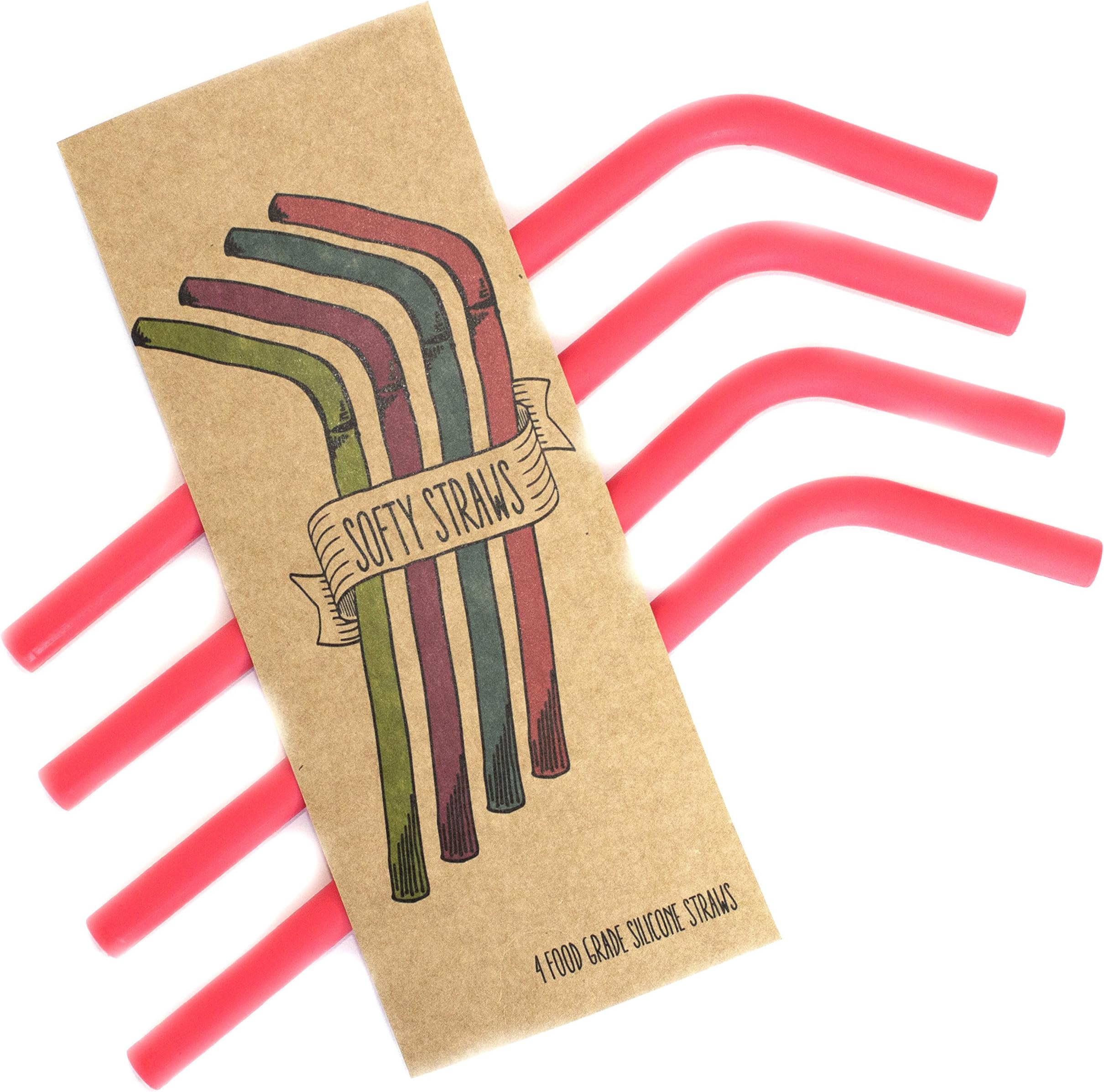 Reusable Food Grade Silicone Drinking Straws (4 Pack) Watermelon Red - Dishwasher Clean, Safe for Kids