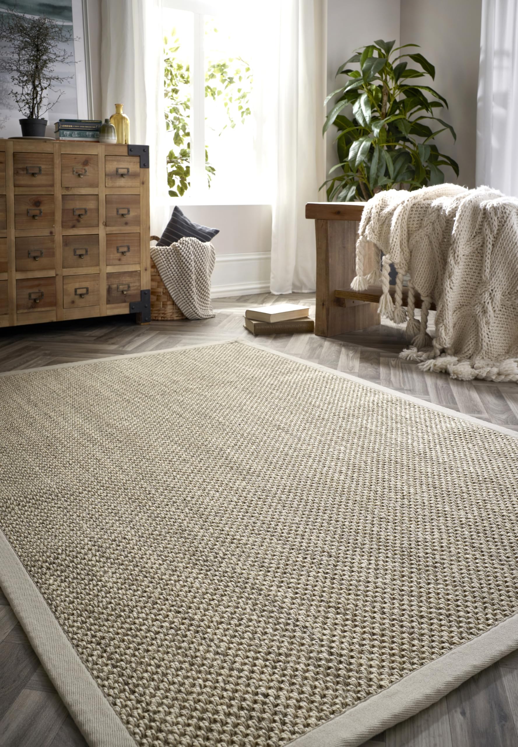 Tapis en sisal antidérapant fait à la main en fibre naturelle pour chambre à coucher, cuisine, salle à manger, salon avec bordure sable Taille L 160 x 230 cm