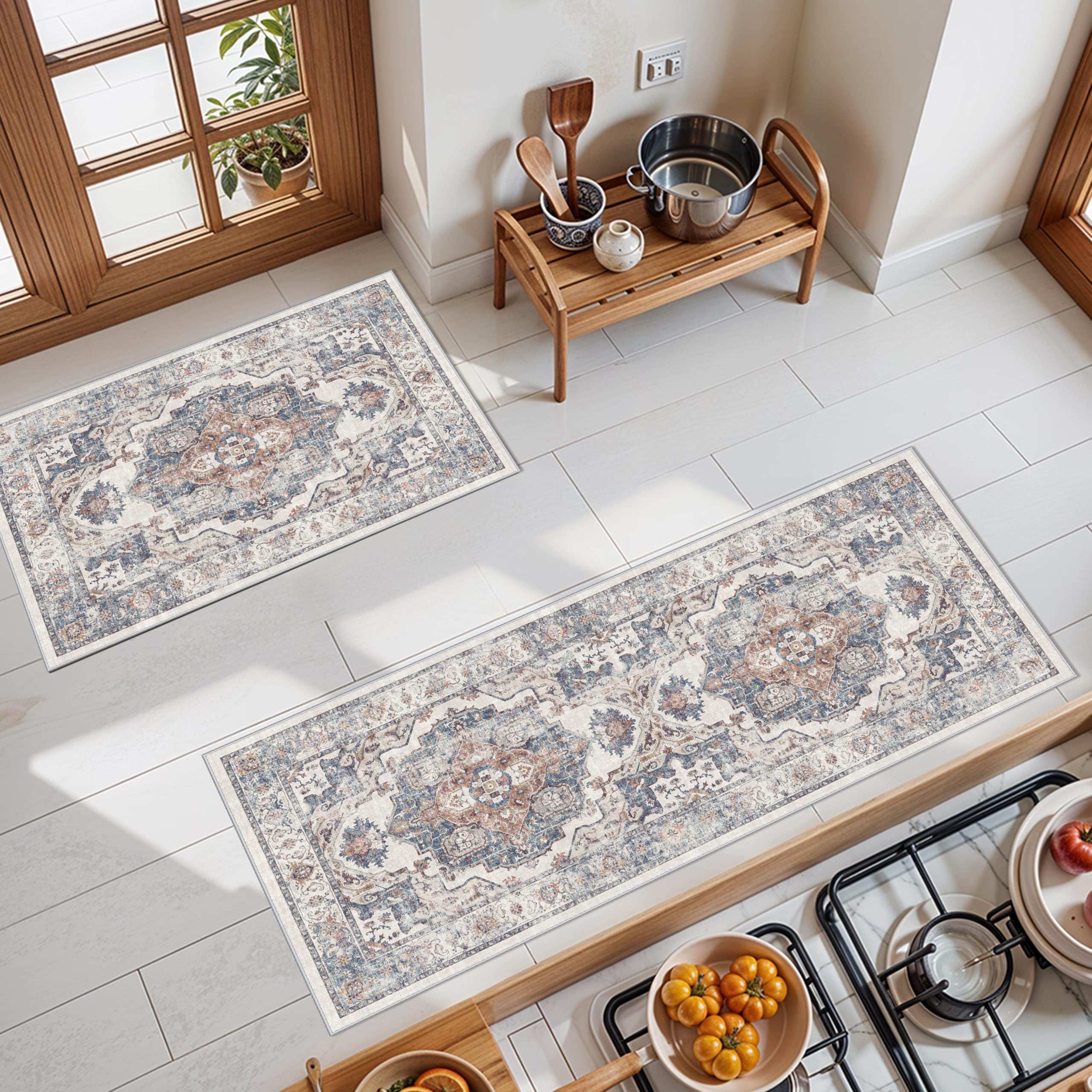 Photo 1 of 2-Piece Kitchen Runner Rug Set: Washable Non-Slip Floor Mats for Sink & Stove Cooking Area Soft Low Pile Water-Resistant Carpet for Dishwasher Fridge Fronts Durable Kitchen Island Mats(2x3+2x4,Brick)