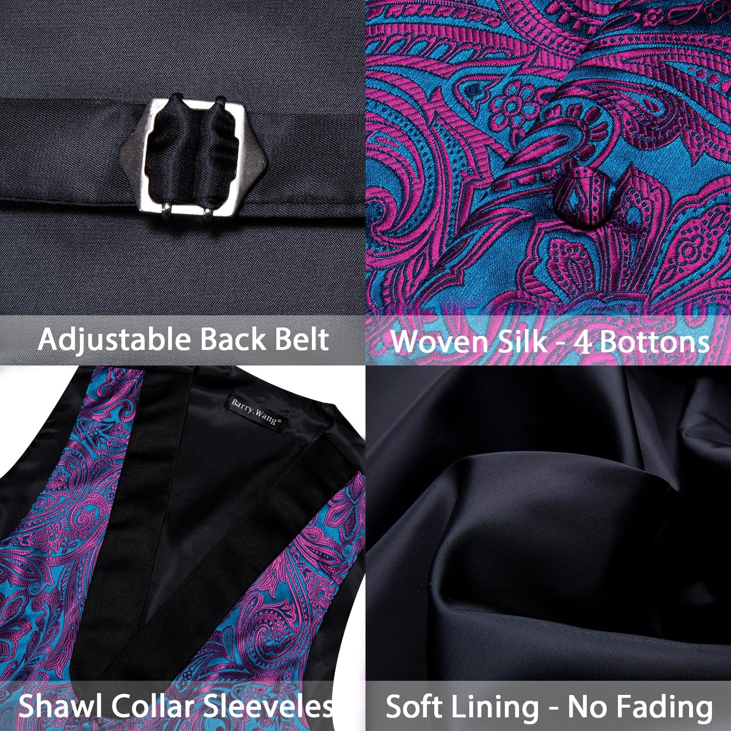 Barry.Wang Mens Silk Lapel/Shawl Collar Vest Tie Sleeve Holder Set Formal/Casual Paisley Vests Wedding Tuxedo Waistcoat - Image 6