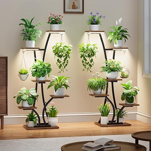 Miniatura 6 de Soporte de plantas MOSTWOGO con luz de crecimiento para plantas de interior, estante de plantas de metal de 6 niveles, estante de plantas