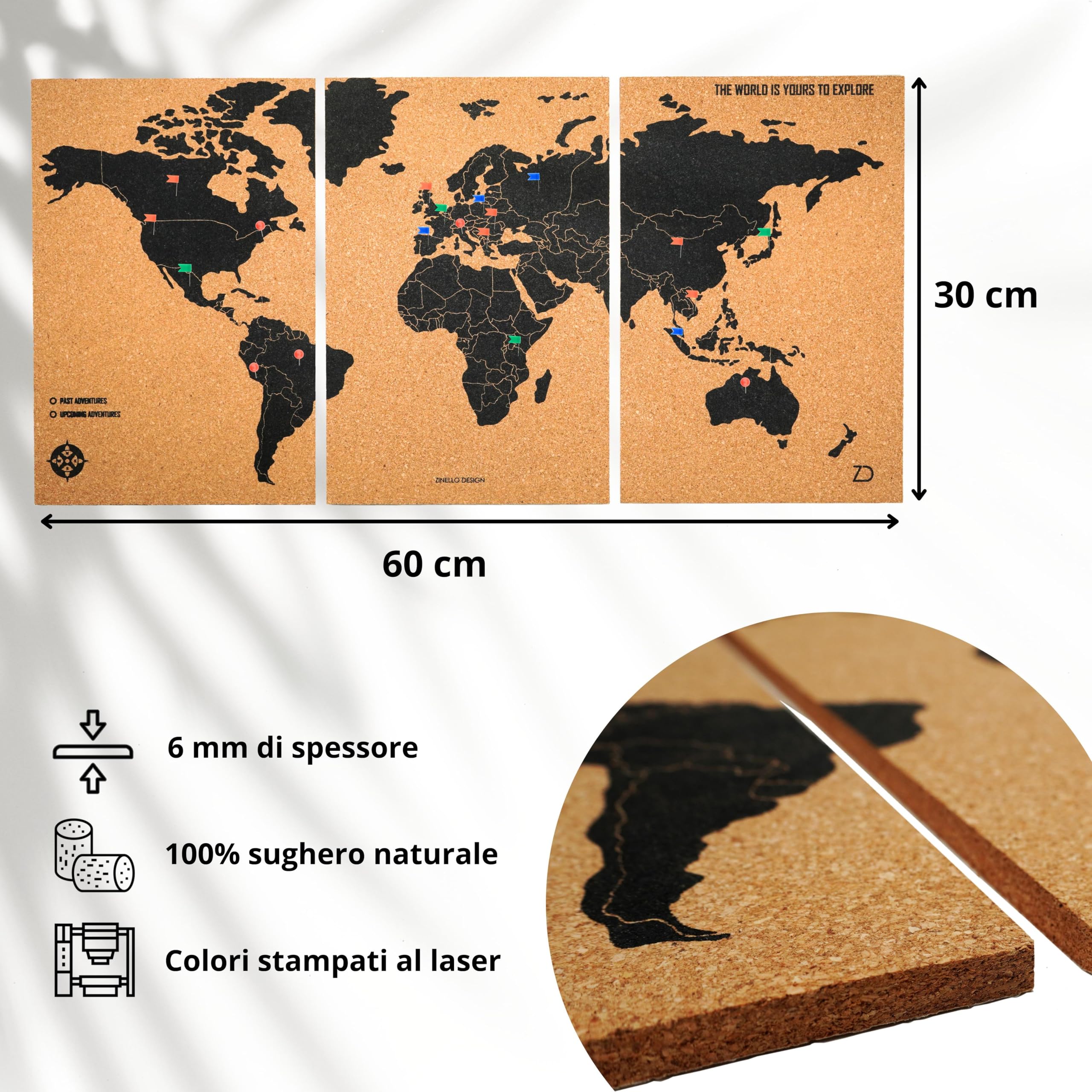 Zinello Design – Mappa del Mondo in Sughero da Parete 60×30 cm (3 Pannelli Adesivi) con 60 Puntine – Quadro Decorativo Viaggi Personalizzabile – Poster Murale Ecologico – Idea Regalo