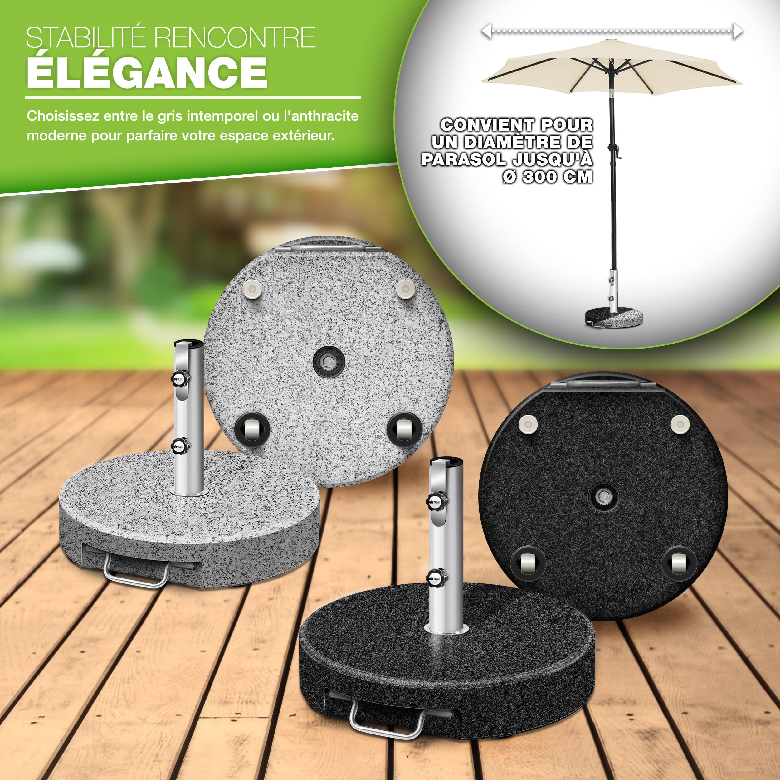 tillvex® Pied de Parasol Rond en Granit avec roulettes - 27 kg | avec Tube en Acier Inoxydable | Parasol Lestage Pieds Base pour pour Parasol déporté mâts de 16 à 48 mm et 250 cm de diamètre