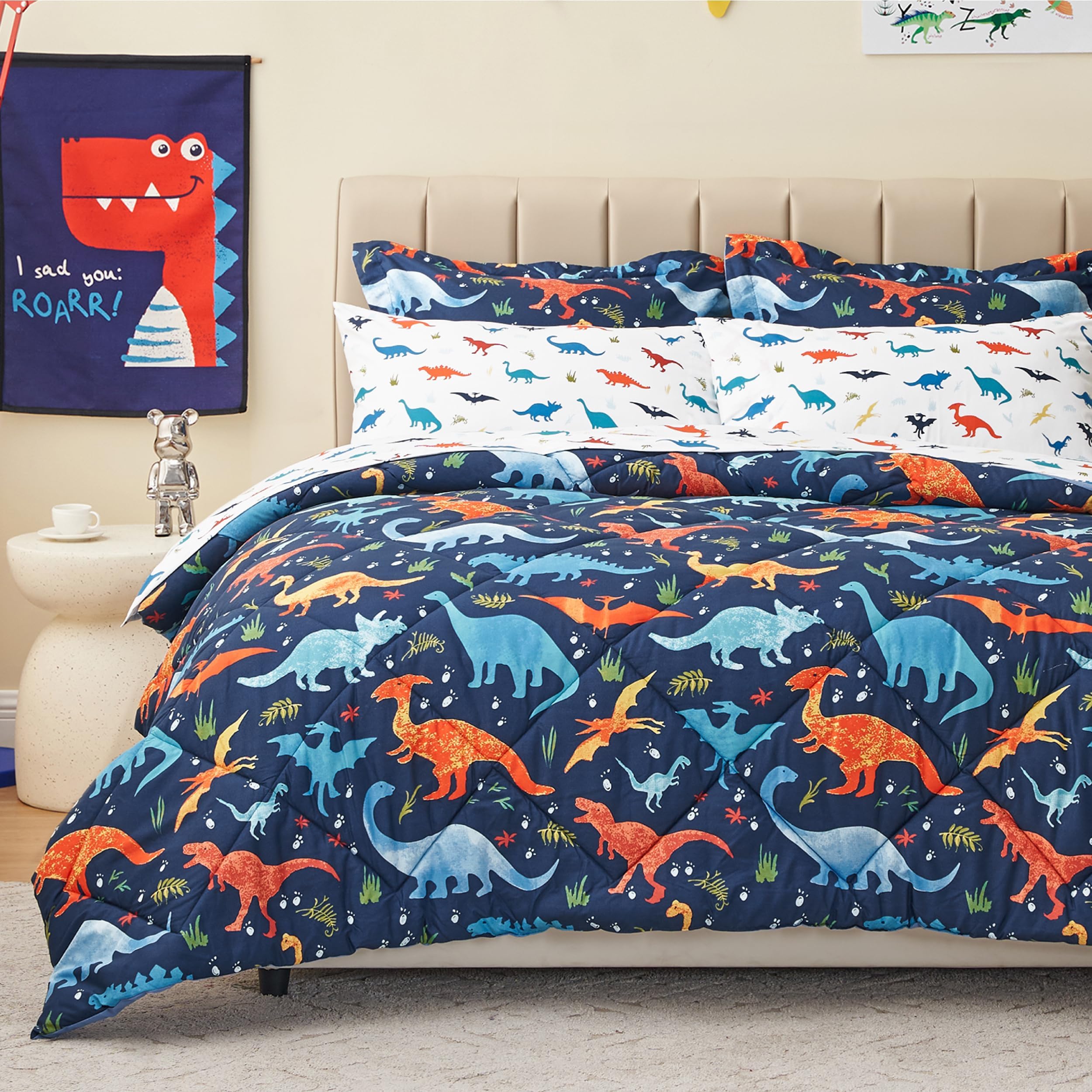 PPOLCA Kids Twin Dinosaur Bedding Comforter Set for Boys, 5 Pieces Twin Size Dinosaur Kids Bedding Set, Super Soft Lightweight Microfiber Comforter Set with Sheets for All Seasons