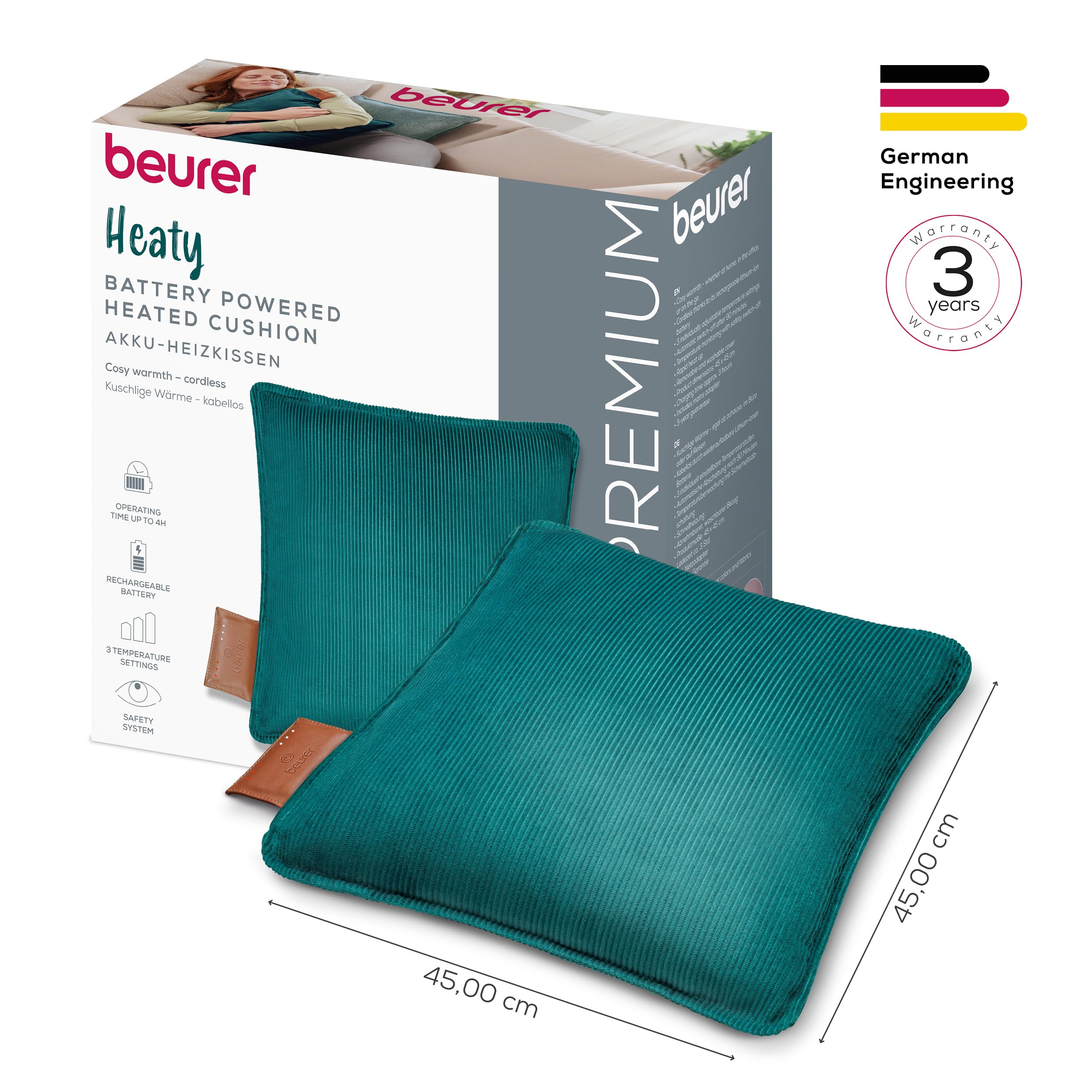 Beurer Heaty Termoforo, termoforo senza fili con batteria, con spegnimento automatico e 3 livelli di temperatura, con riscaldamento rapido, morbido velluto a coste, verde scuro