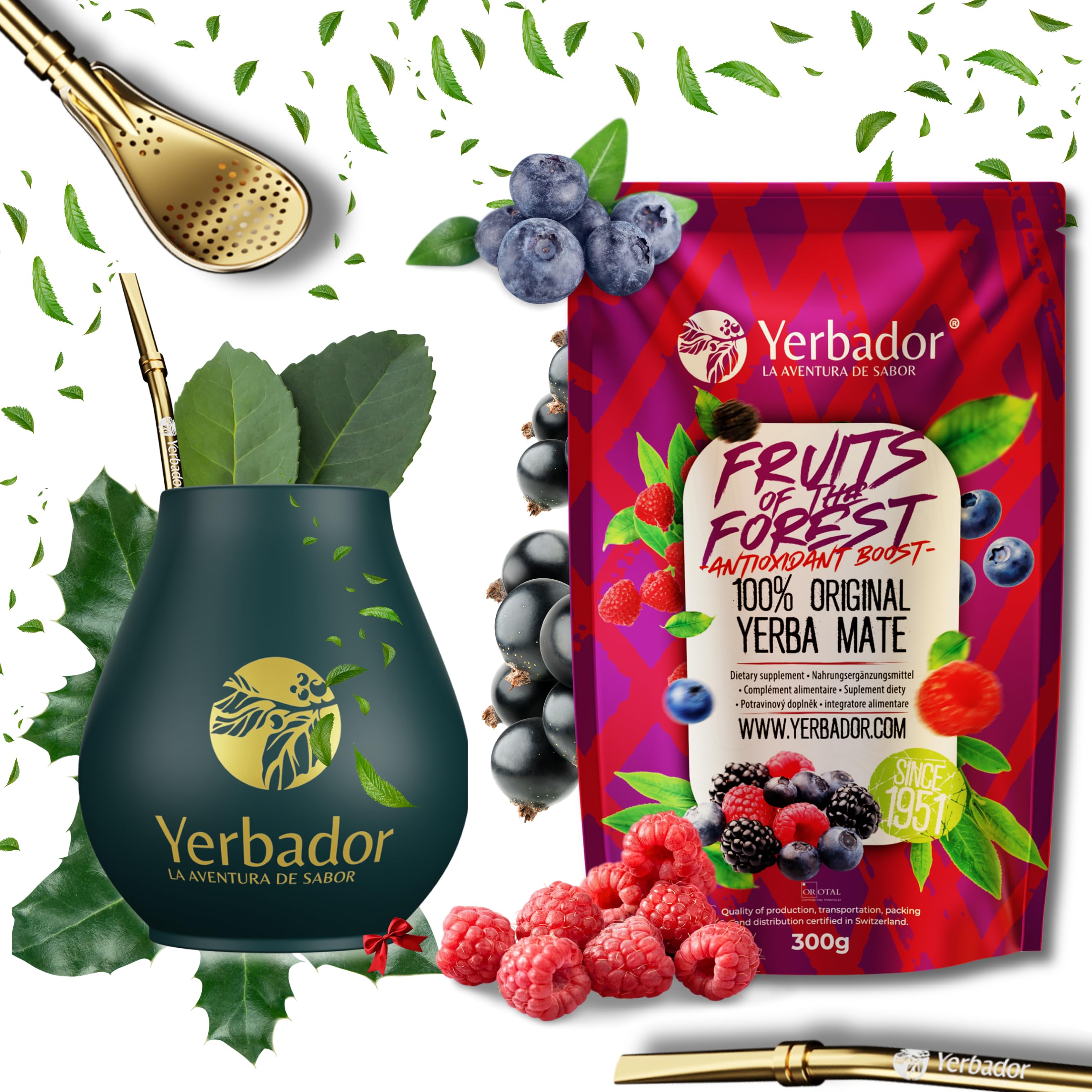 Yerbador Yerba Mate Abnehm-Set – Mate-Tee zum Abnehmen mit natürlicher Energie, inkl. Keramik-Matero 350 ml & Bombilla – Komplettes Starter-Set – Waldfrüchte