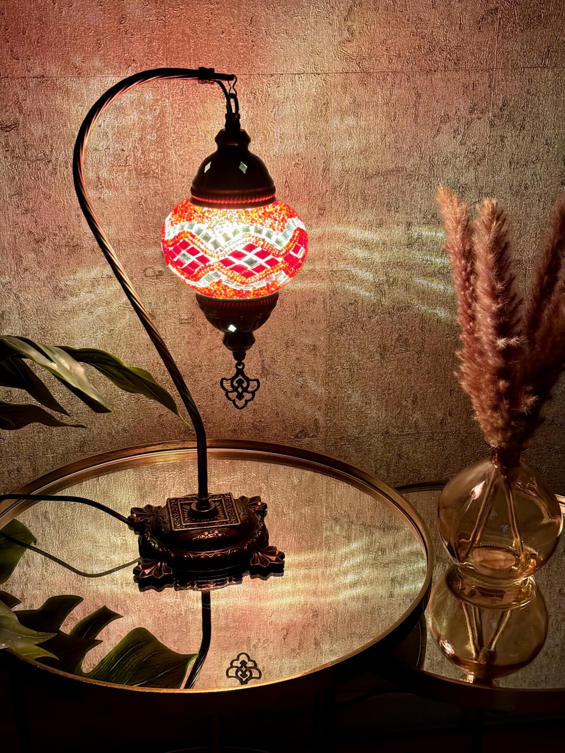 Lightza Handmade Turkish Moroccan Mosaic Desk Lamp LED Bulb | Swan Neck Unique Globe Lampshade Table Light | UK Tested Safe Energy Efficient (Red with White Lines) โ image 1