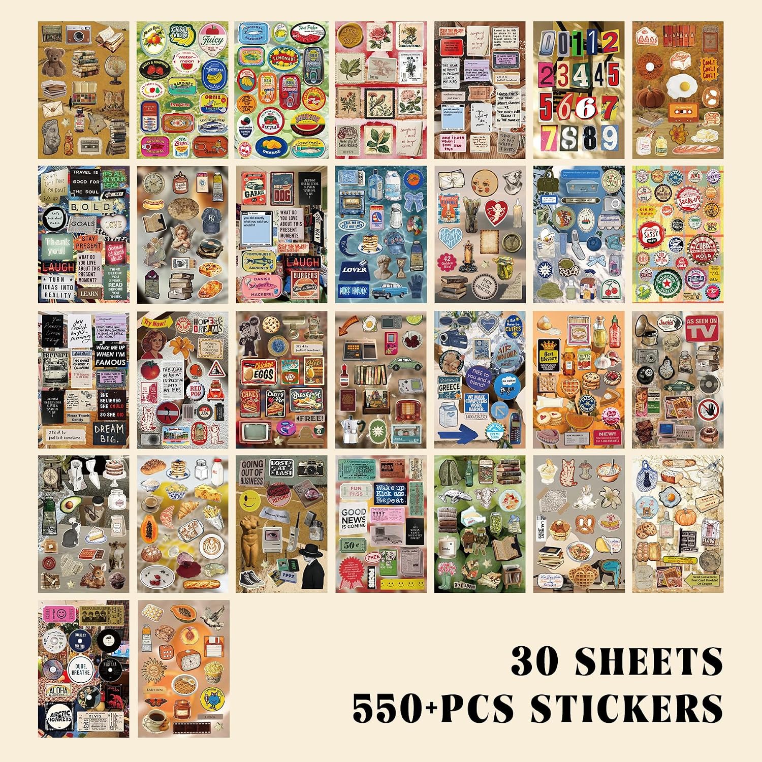 30 Sheets 550 Pcs Vintage American Aesthetic Sticker Book | Scrapbook Supplies for Journaling Adults, Cute Retro Floral and Love Ephemera, 8.3 by 5.5 In