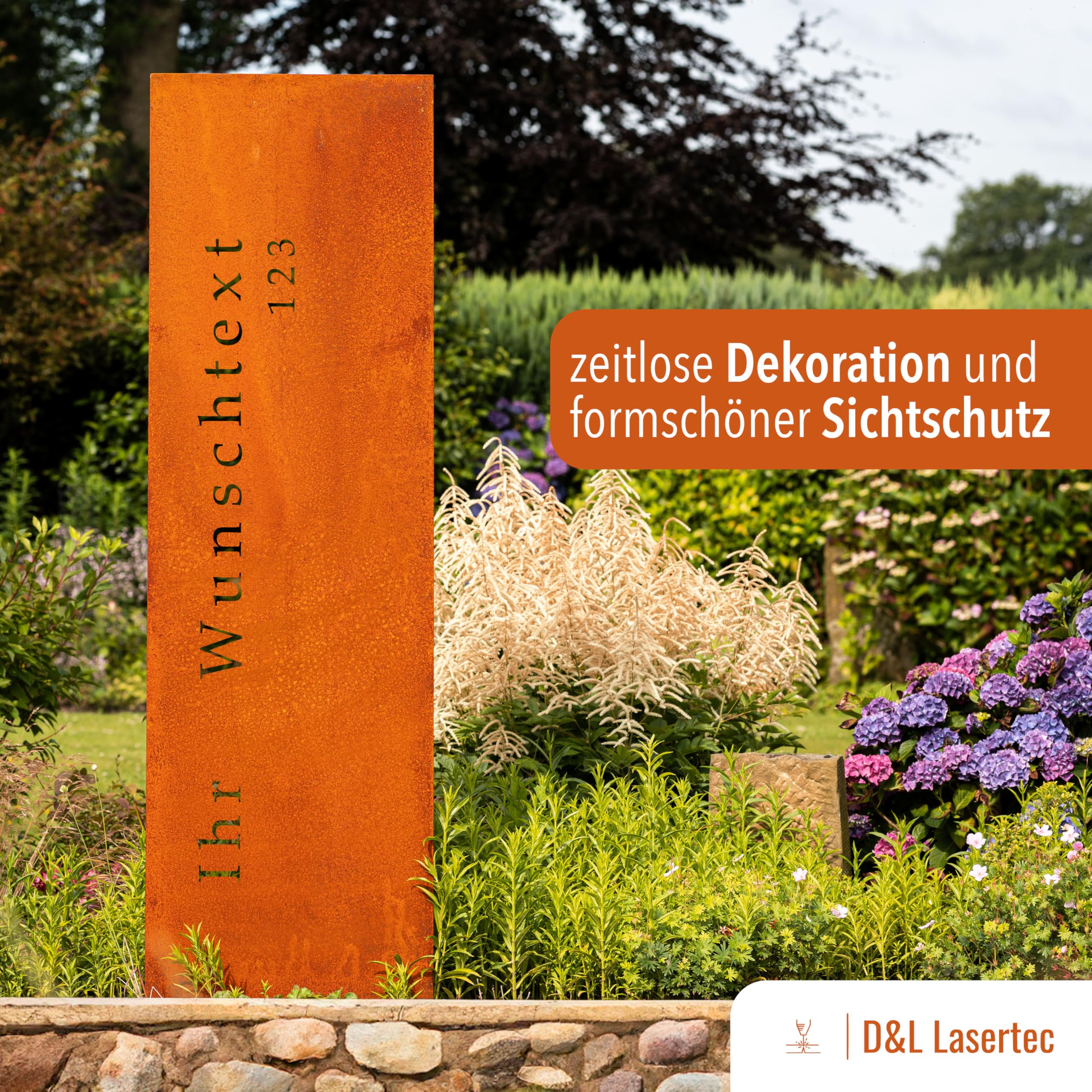 D&L Lasertec Edelrost Garten Sichtschutz personalisiert mit Wunschtext, Wand, Rost, Sichtschutzwand Metall 160x50 cm, Geschenkidee