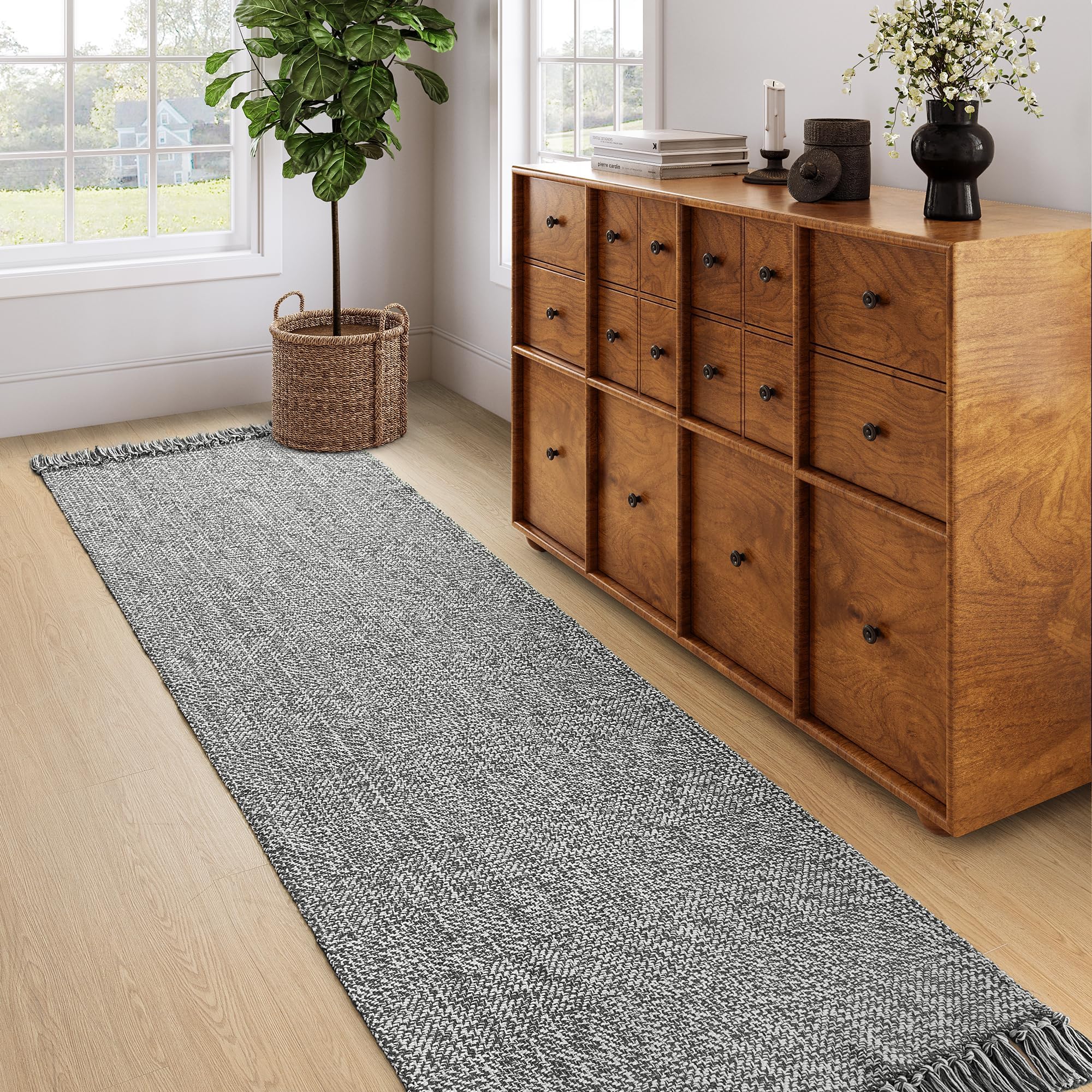 Collive Long Hallway Runner Rug 2.6' x 8', Washable Runners Indoor Entryway Rug, Grey/Cream Braided Woven Kitchen Rugs Low-Profile Front Door Floor Carpet for Laundry Room Bedroom Doorway