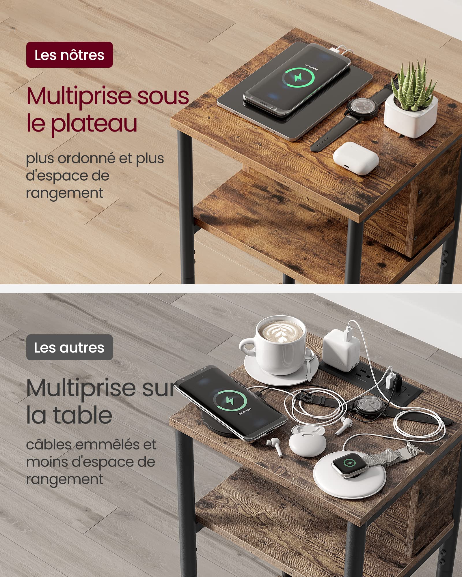 VASAGLE Table d'Appoint, Petite Table de Chevet avec Multiprise, Fin, 2 Prises CA, 2 Ports USB, 30 x 34 x 58 cm, pour Salon, Chambre, Marron Rustique et Noir LET375B01