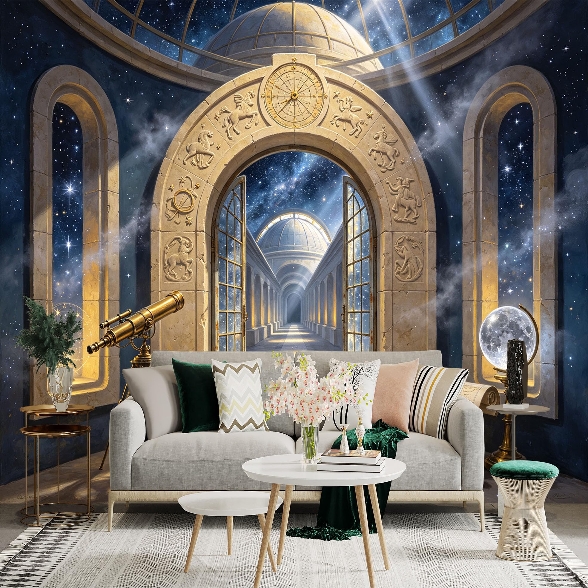Lnzczhyre Bh260719022 Custom Size Wall Sticker Mural， Ancient Observatory With Telescope， Starry Night Sky， Celestial Archway， Vintage Map And Globe， For Wall Decoration， Peelandstick Wall Decals.