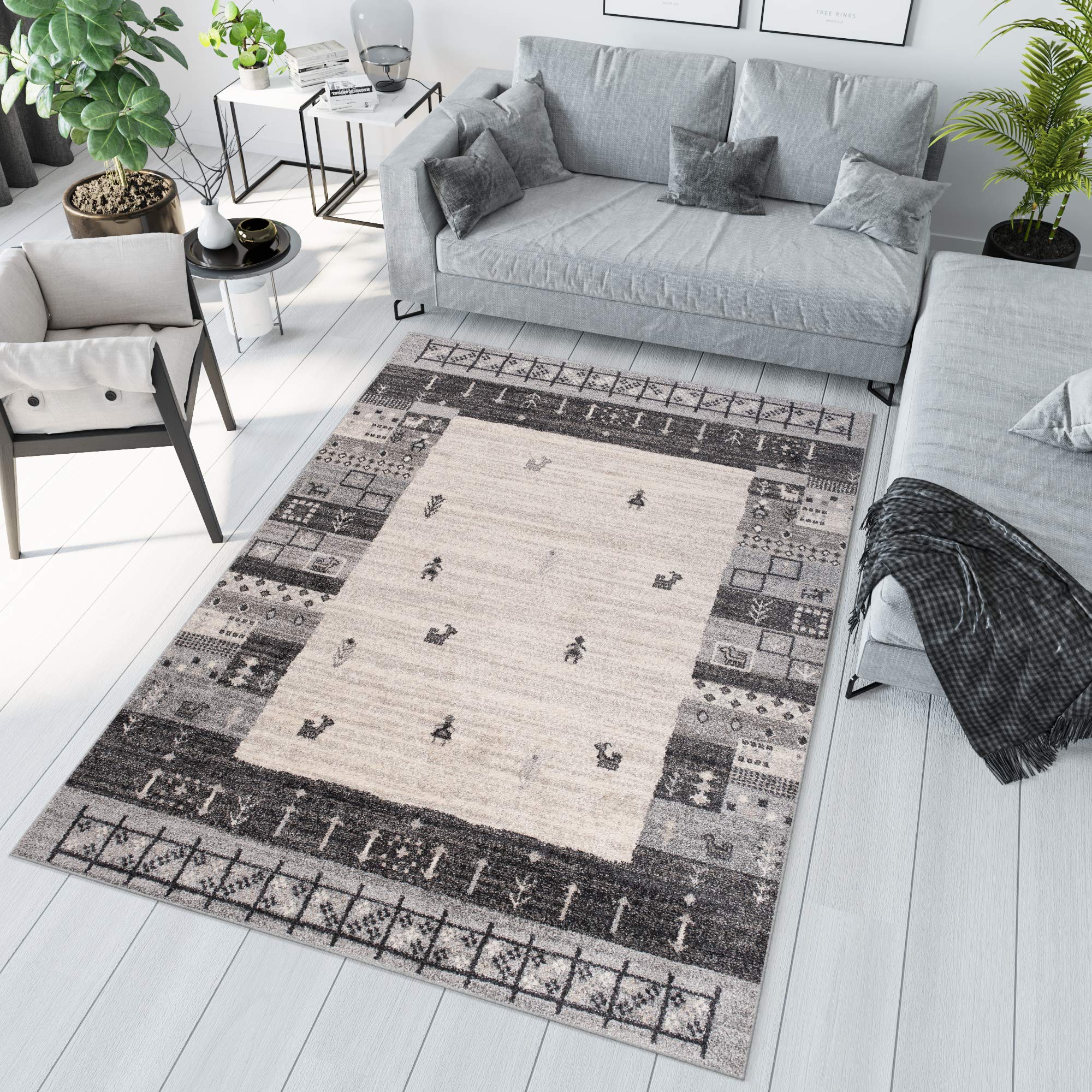 Tapiso® Dywan Sari z krótkim włosiem | melanżowy designerski dywan w kolorze szarym, czarnym, kremowym z abstrakcyjnym wzorem w kratkę diamentową | idealny do salonu, pokoju gościnnego, jadalni | Ökotex 220 x 320 cm