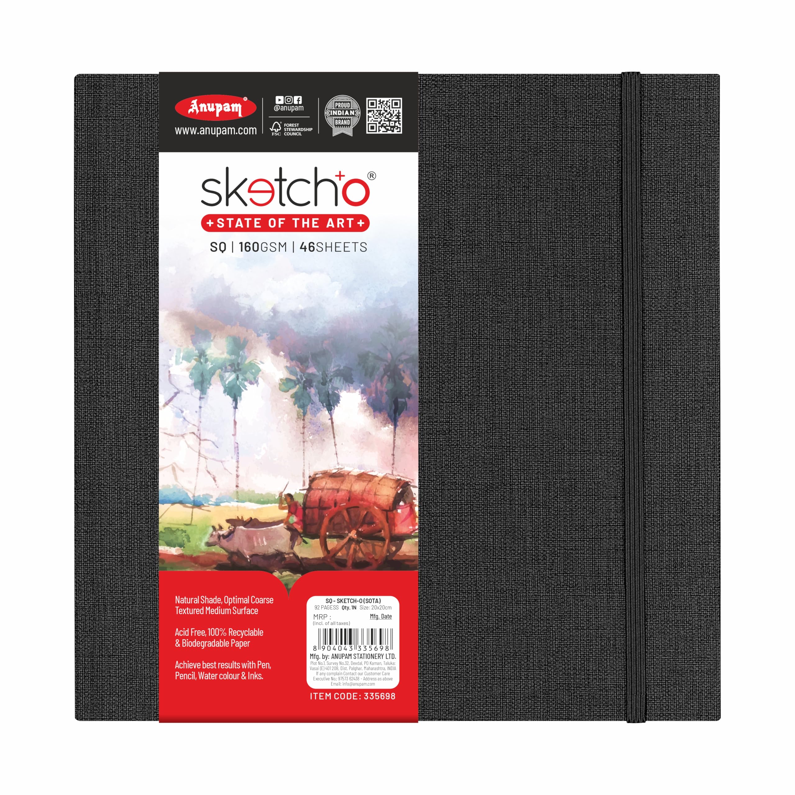 Sketcho Sota - Cuaderno de dibujo cuadrado, 100% reciclado, tapa dura, apertura vertical, 160 g/m², sin ácidos, 46 hojas/92 páginas, multicolor