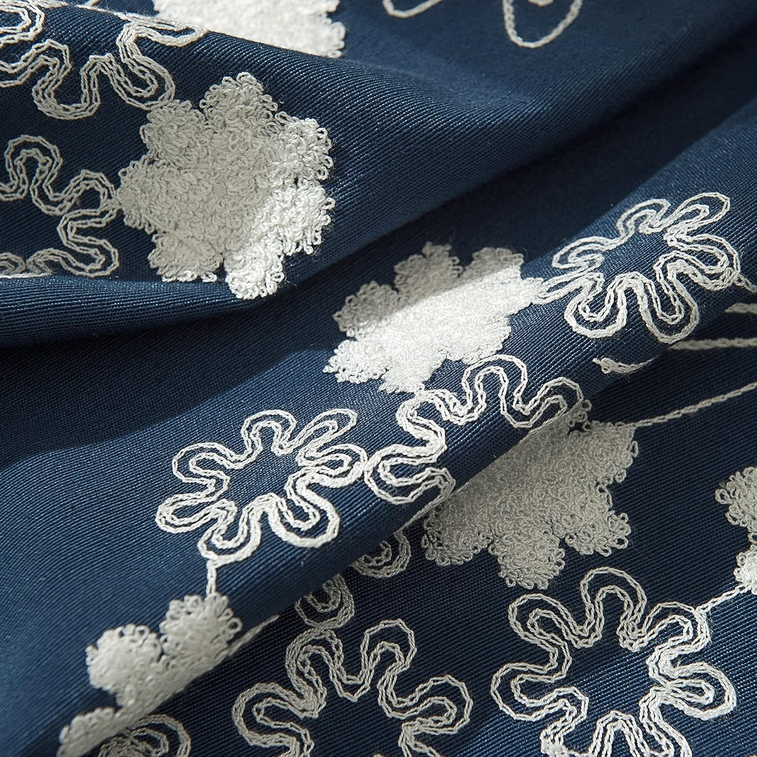 ブラックアウトフローラル刺繍ファームハウスタイアップシェードカーテン 断熱調節可能バルーンカーテン 小さな窓ロッドポケット用(ネイビ