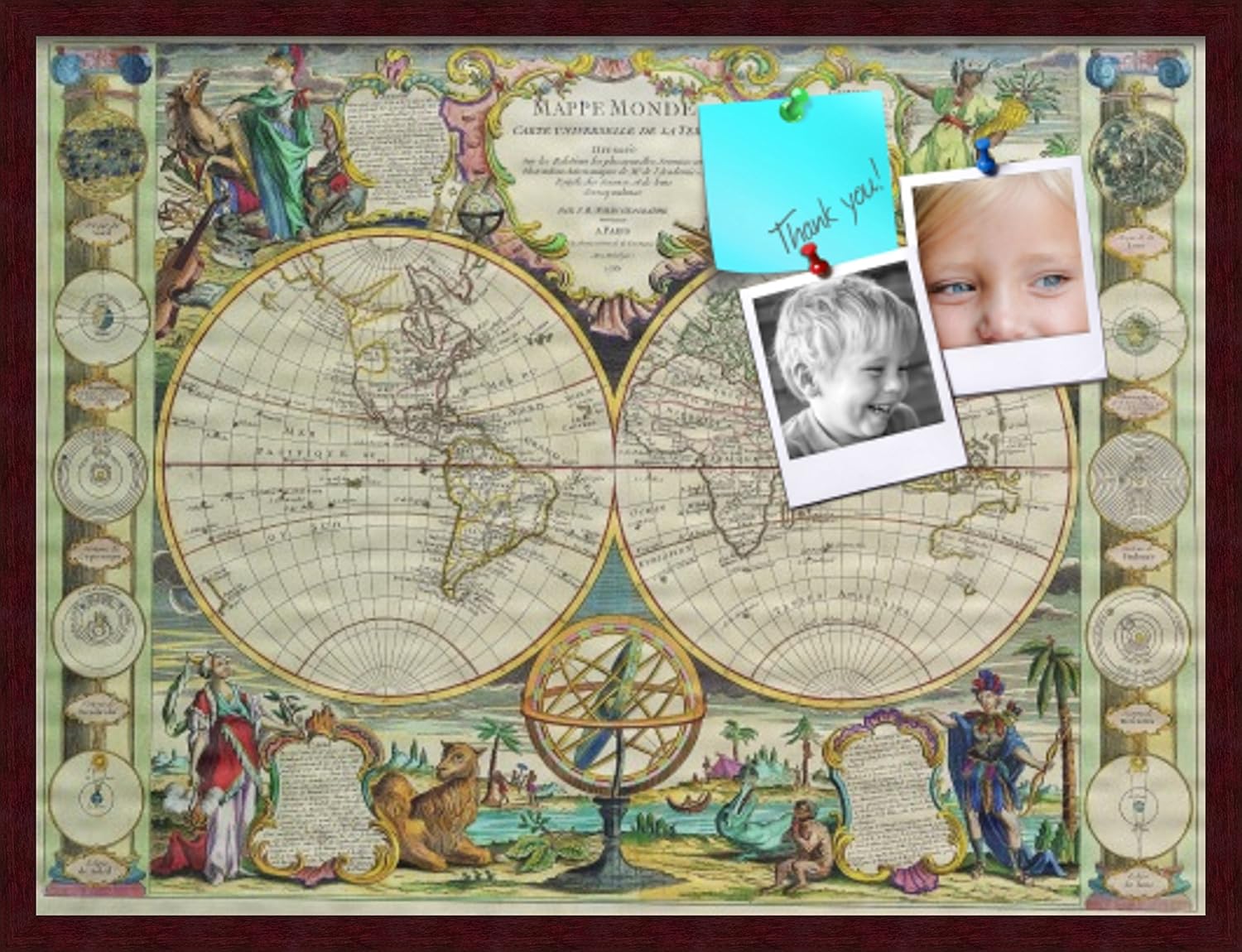 PinPix Custom Printed pin Cork Bulletin Board Made from Canvas, World Map 32 x 24 Inches (Completed Size) and Framed in Classic Mahogany Frame (PinPix-656)