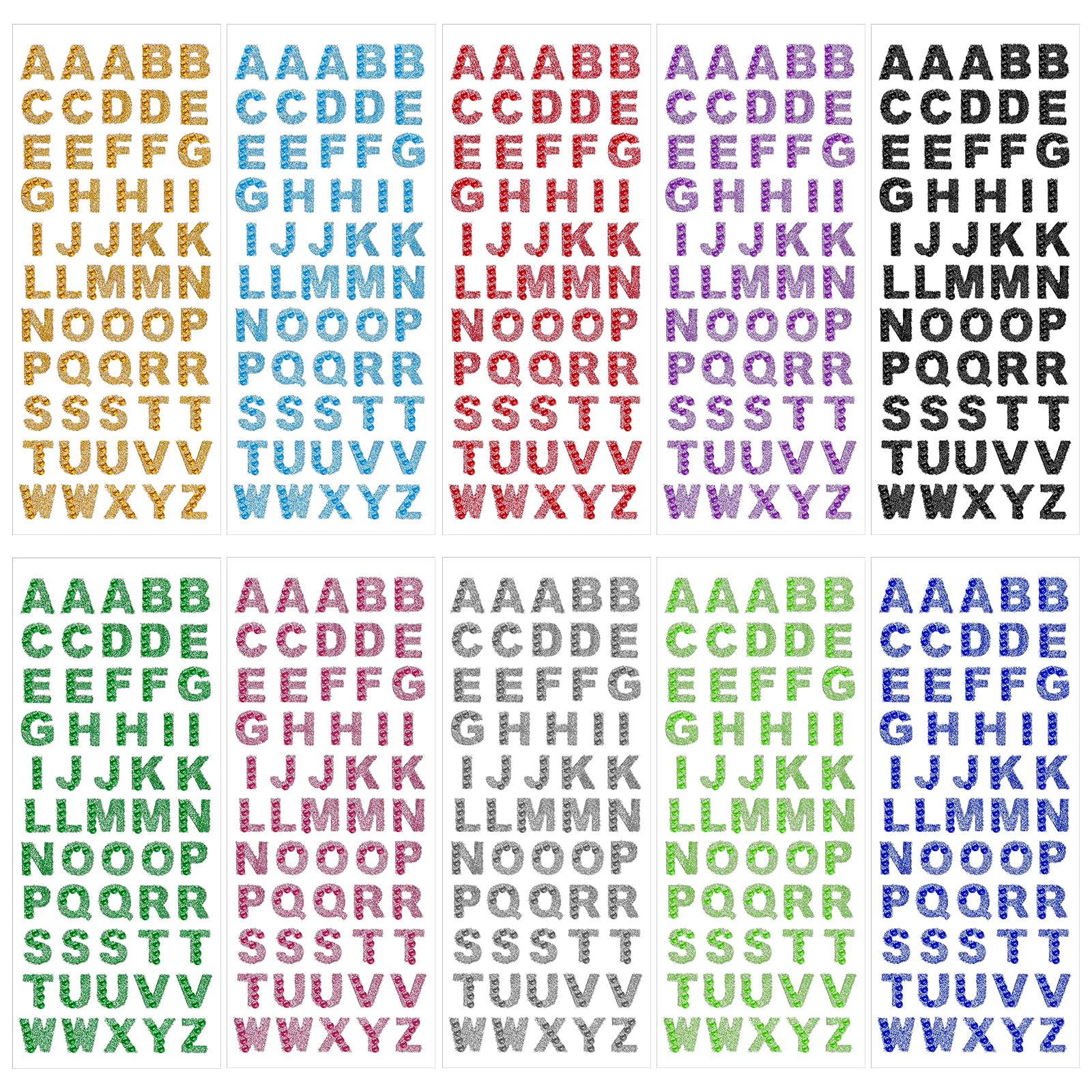 10 Sheets/550 Pcs Glitter Letter Stickers, Self-Adhesive Rhinestone Alphabet Stickers Multicolor Bling A-Z Stick on Letters for Scrapbooking Card Making Grad Cap DIY Art Craft