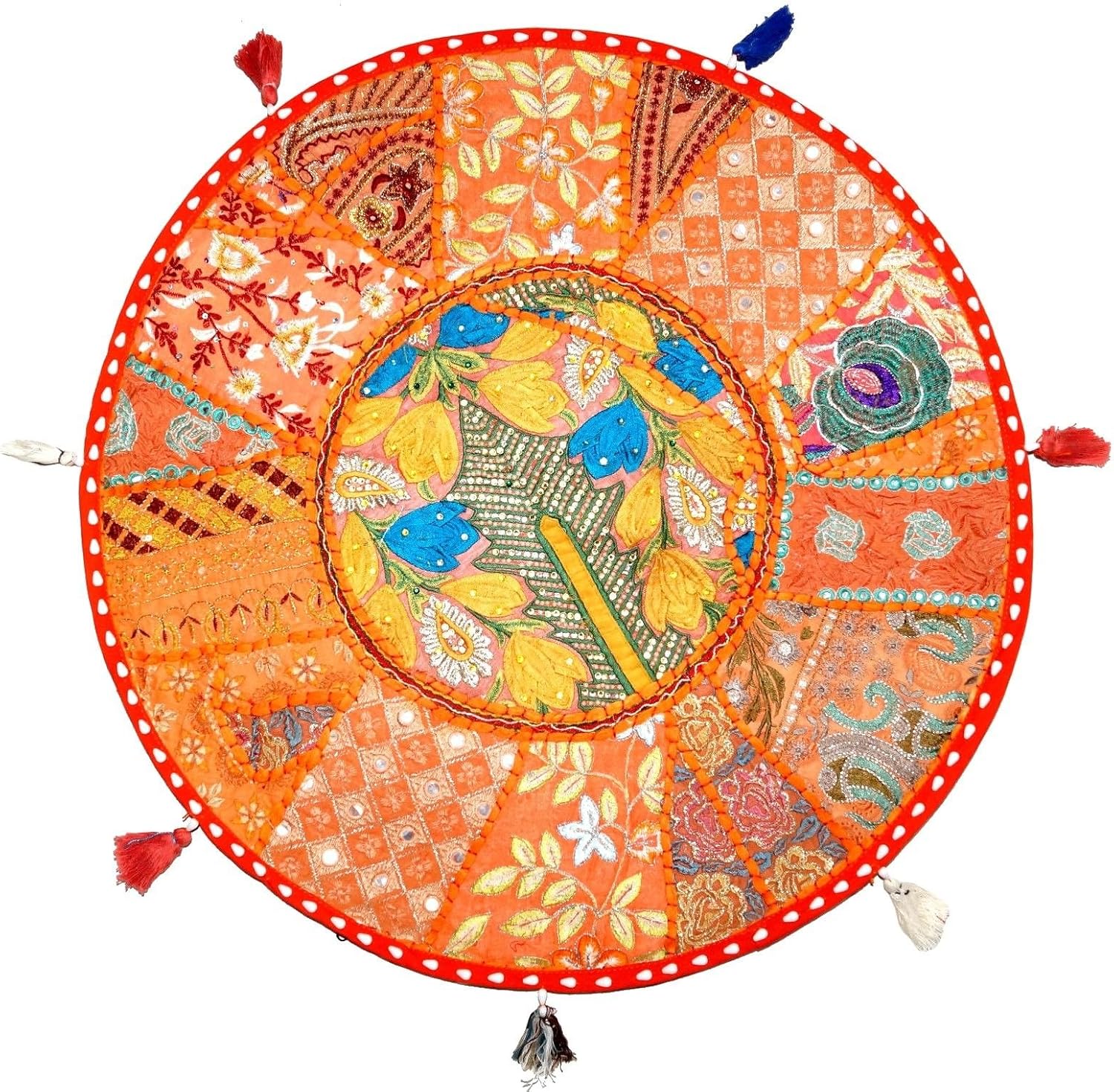 Sophia Art Round Floor Pillow Cushion Patchwork Pouf Ottoman Vintage Indian Foot Stool Bean Bag Floor Pillow Cover Home Decor Living Room Ottoman Bohemain Pillows (Orange, 32 Inch)
