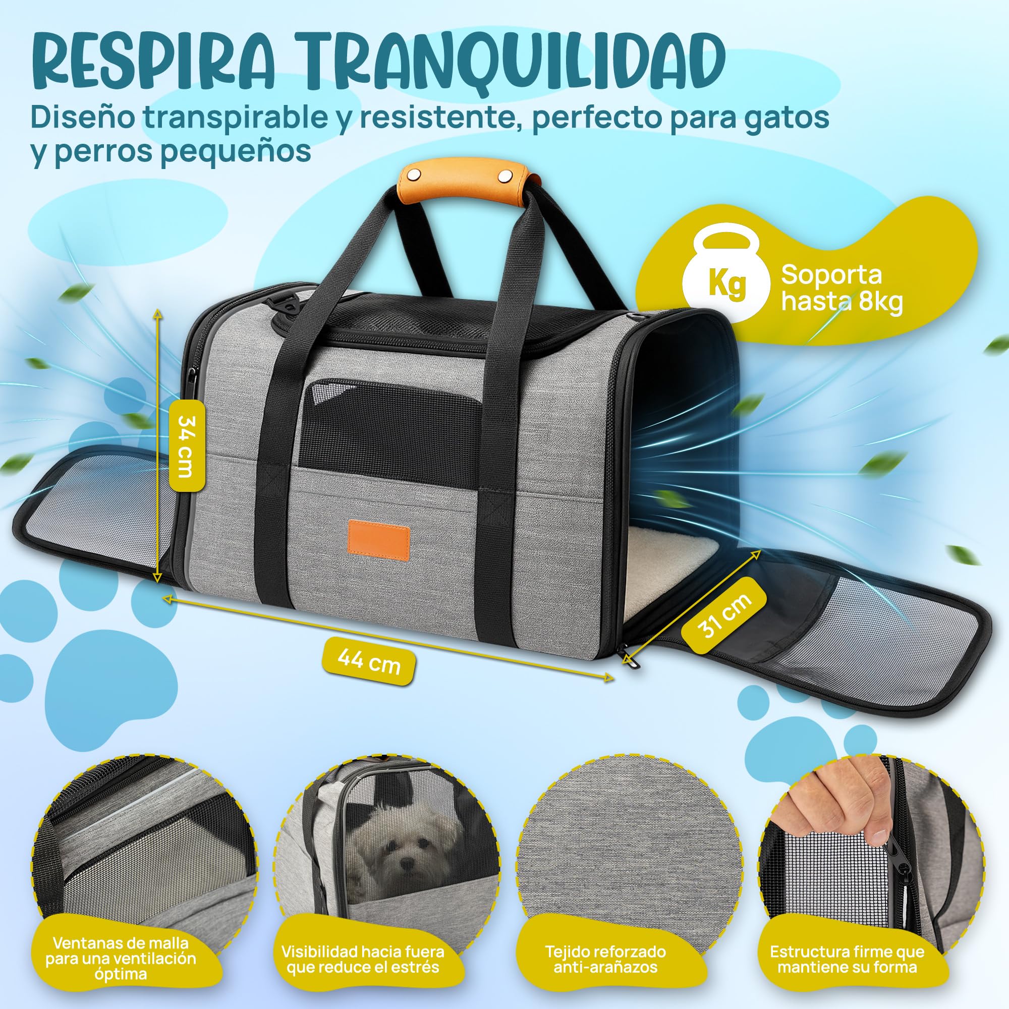 Transportin Gato y Perro - Transportin Perro pequeño y Gato Que Incluye Bebedero Plegable, Manta, Correa para el Hombro y Base Acolchada - Plegable y homologado para el avión.