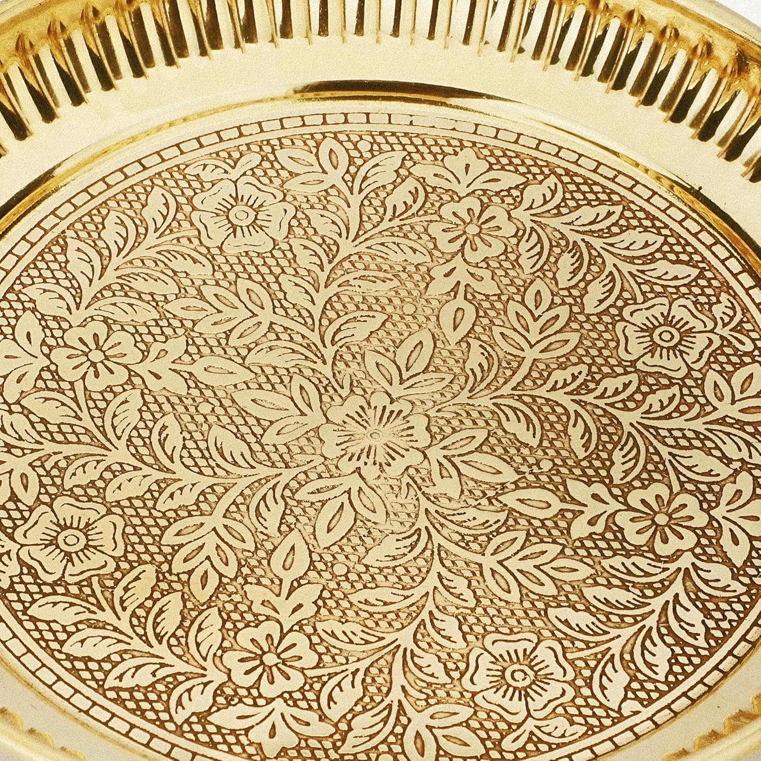 bhavika Creation Brass Decorative Pooja Plate with Engraved Floral Design, 12cm, Gold