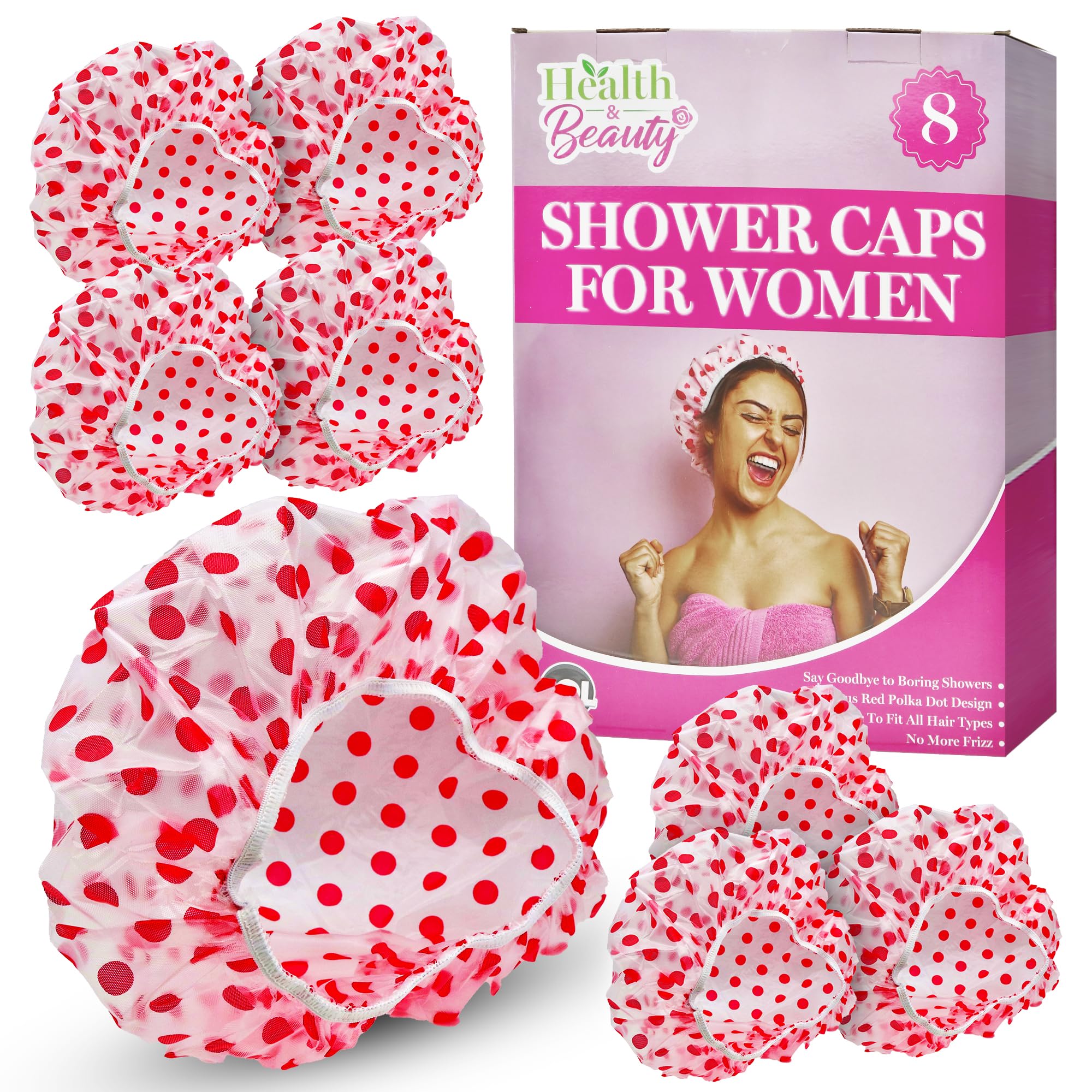 SOL 8pk Shower Caps for Women UK, Red Polka Dot Design, Waterproof Reusable & Large Disposable Bath Hat Men, Durable Plastic, Travel-Friendly, Stretchable Elastic for Long Hair Ladies