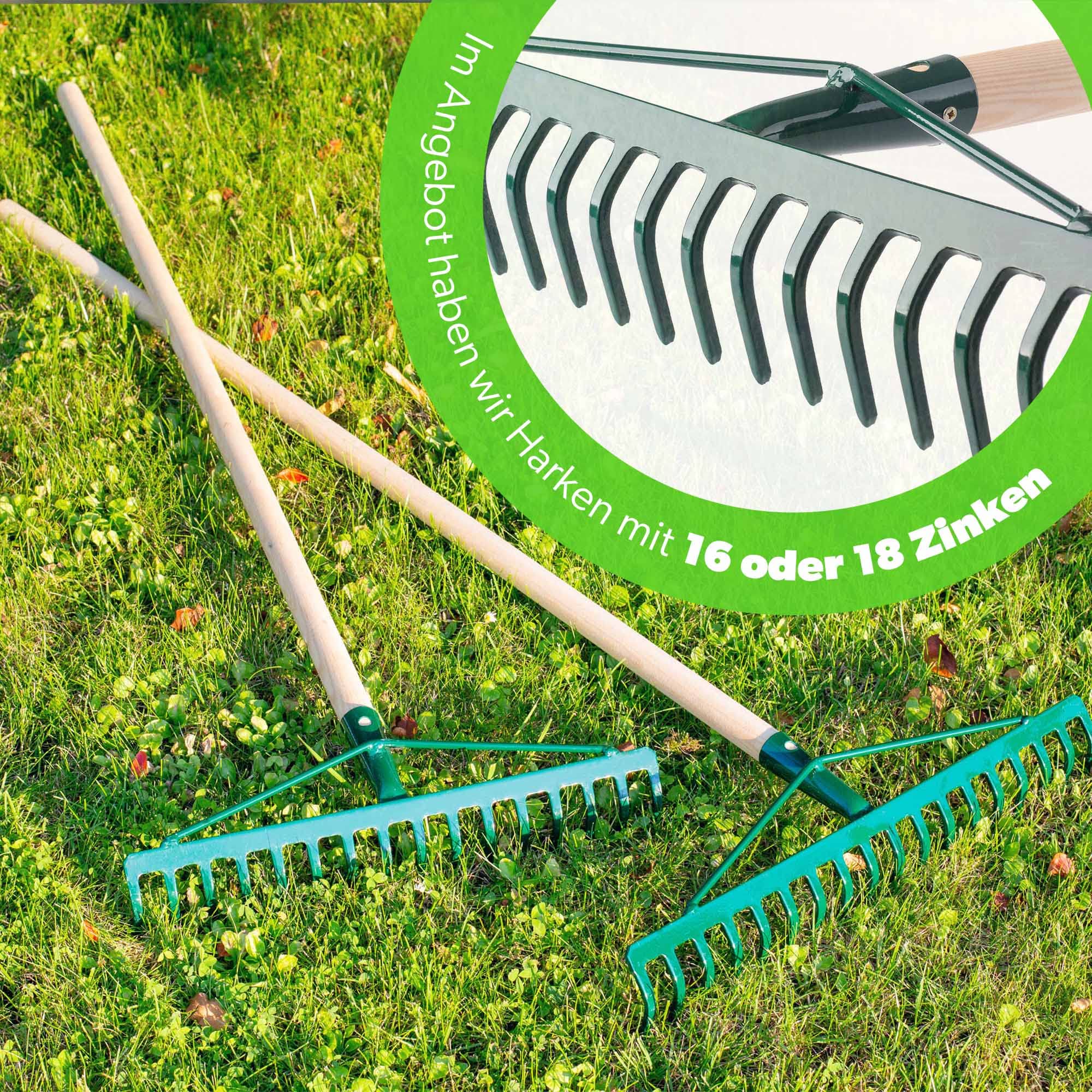 KADAX Rechen, breite Harke für Garten, Beet, Rasen, Gartenharke, Bügelrechen, Rasenrechen aus Metall, Laubrechen, Laubbesen, Gartengerät, Heurechen, Gartenwerkzeug (18 Zinken, Holzstiel)