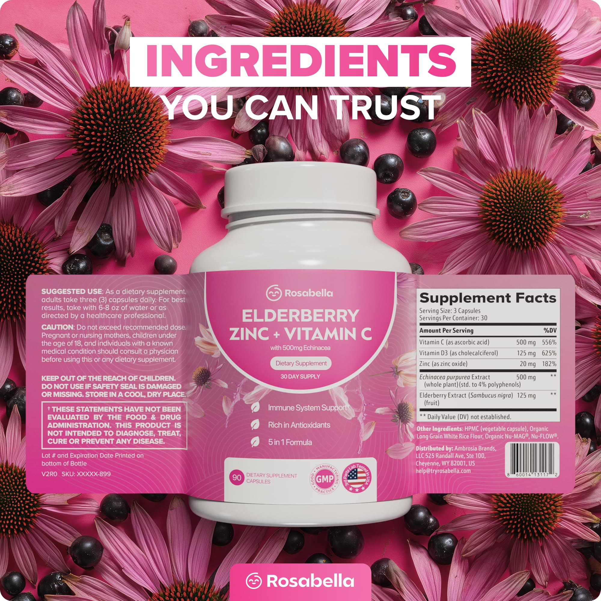 Rosabella Elderberry, Zinc & Vitamin D3 Capsules – Elderberry Supplement with Echinacea, Vitamin C & Zinc, Immune Support Supplement for Daily Wellness, Vegan Capsules – 90 Count (Pack of 1) — Amazon image 8