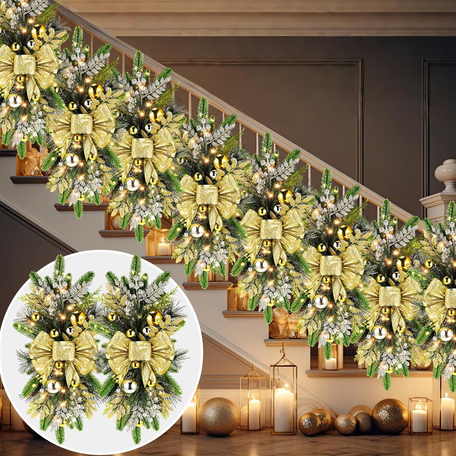 (The color is red)Lyrow 16 Pack Christmas Artificial Swags 24 Xmas The Cordless Prelit Stairway Swag Teardrop Trim Wreath Door Stair Garland Christmas Decoration for Outdoor Home Garden Decor (Rustic Style,Gold) Rustic Style Gold