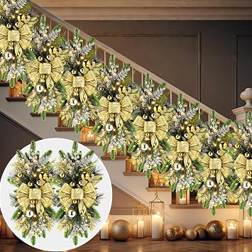 Lyrow 16 Pack Christmas Teardrop Swag for Stairs,Gold,Rustic