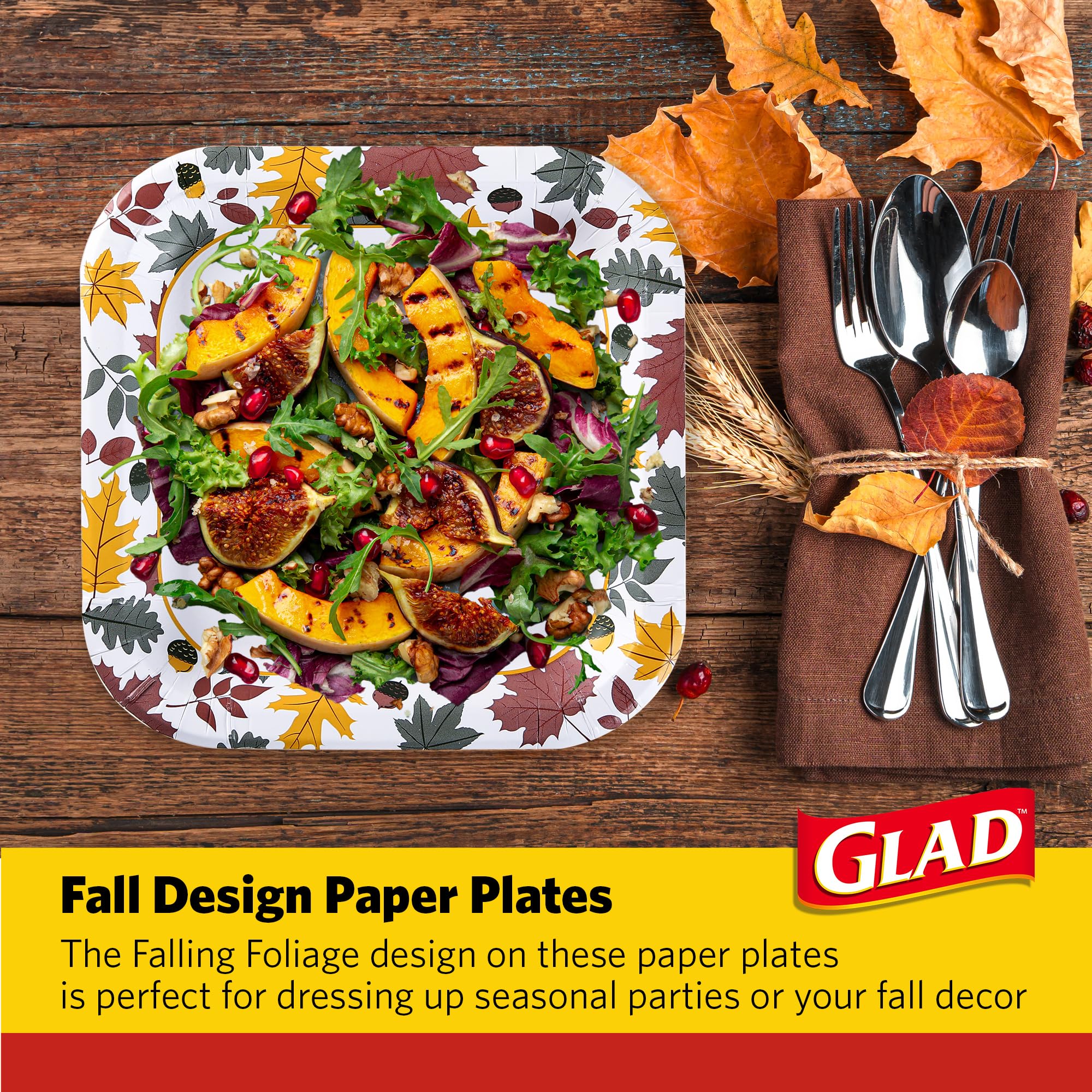 Glad Everyday Lot de 24 assiettes carrées jetables en carton avec motif feuillage tombant, résistantes aux coupes, passent au micro-ondes pour tous les aliments et un usage quotidien, 25,4 cm, 20