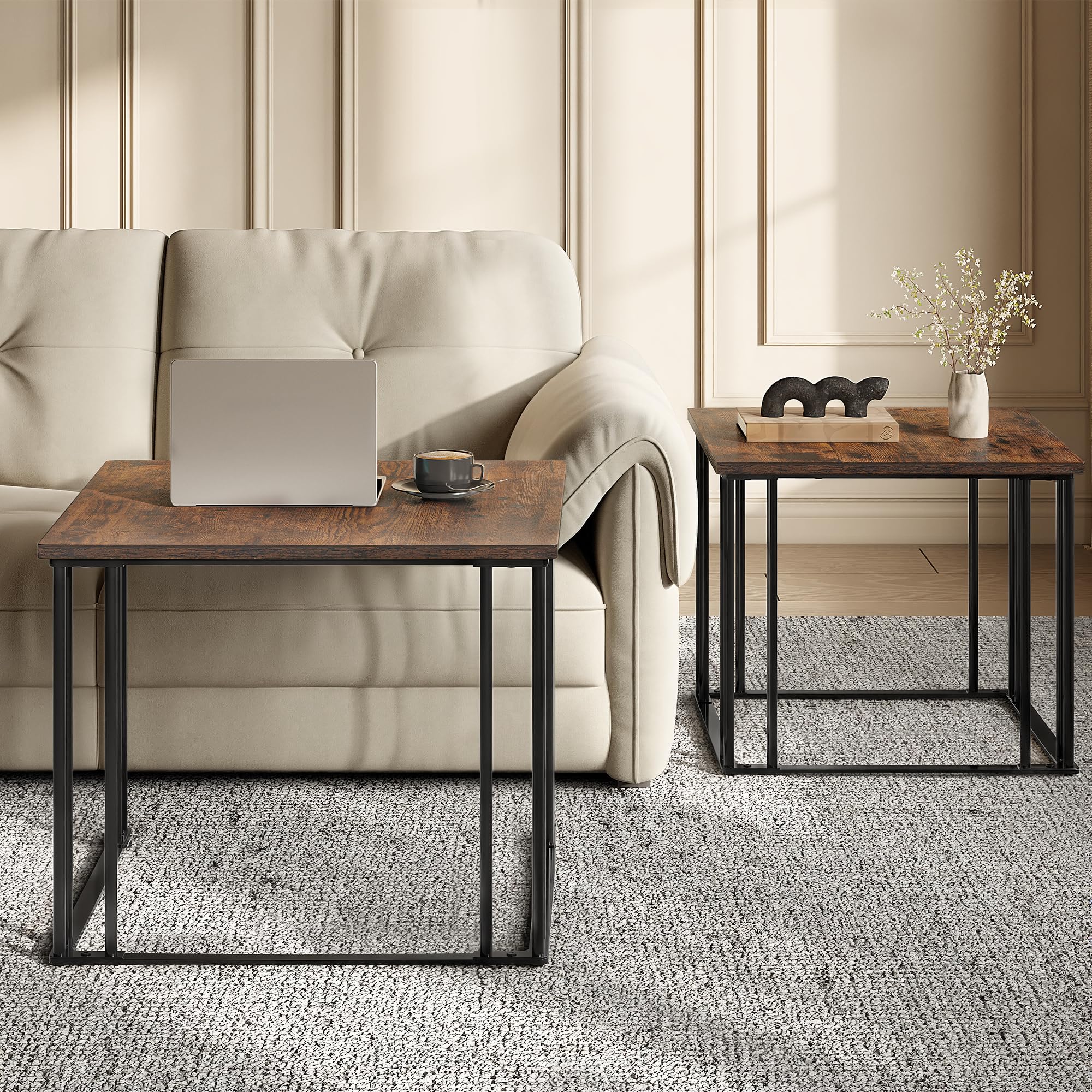 YITAHOME Set di 2 tavolini da salotto in legno, moderni tavolini da cocktail con struttura in metallo, per soggiorno, sala da pranzo, cucina, marrone rustico