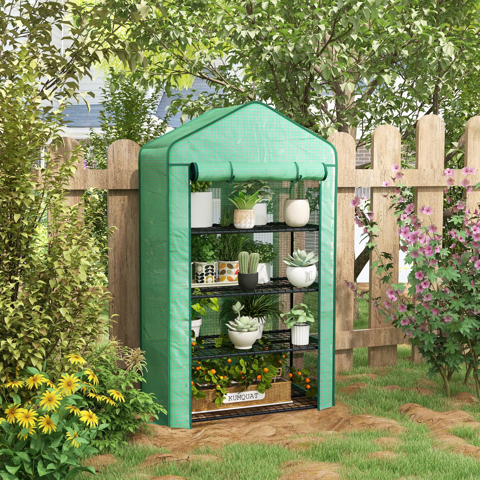 Outsunny Mini invernadero ancho 4 estantes,cubierta PE reforzada,Verde | Invernadero portátil, puerta enrollable, estantes de alambre, interior/exterior, 90x49x160cm