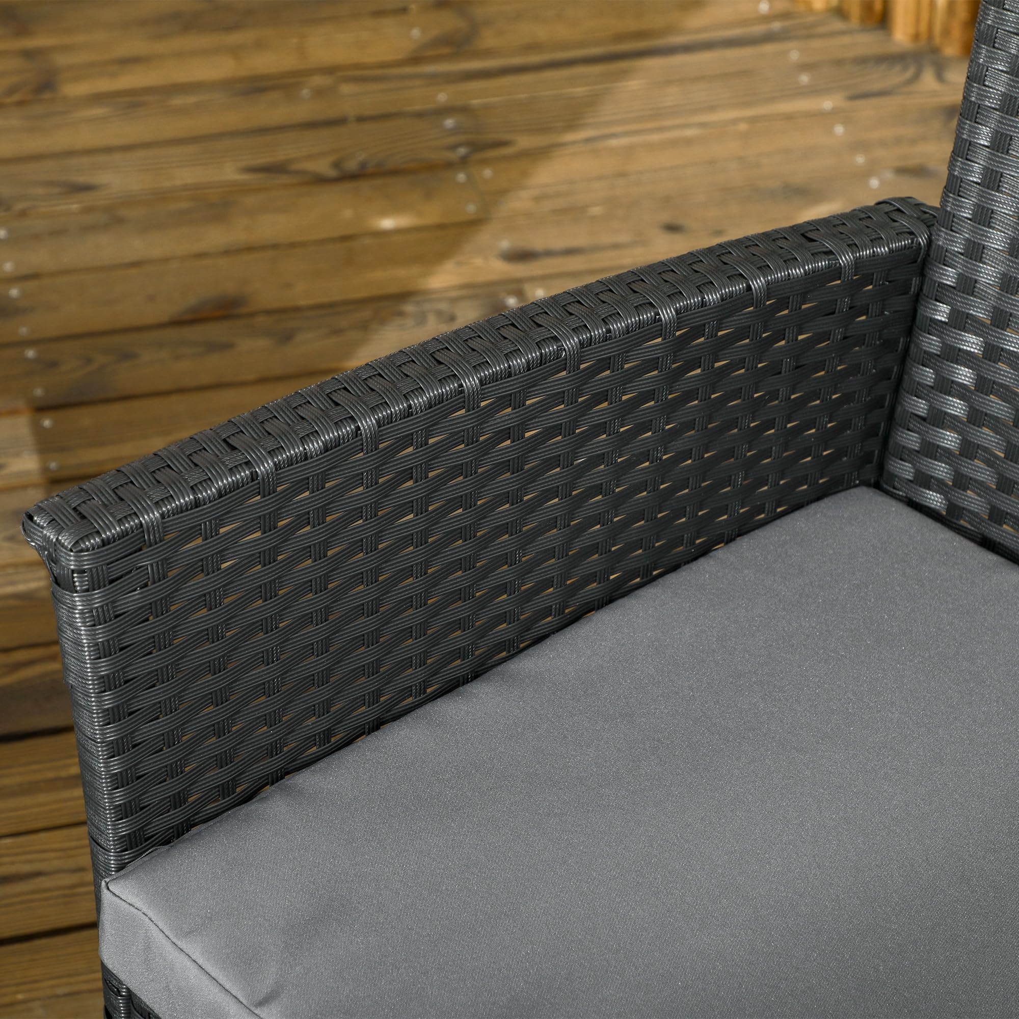 Outsunny Salotto da Esterno in Rattan PE da 4 Pezzi Nero e Grigio | Salottino da Giardino, Divanetto 2 Posti, 2 Poltrone con Cuscini, Tavolino in Vetro