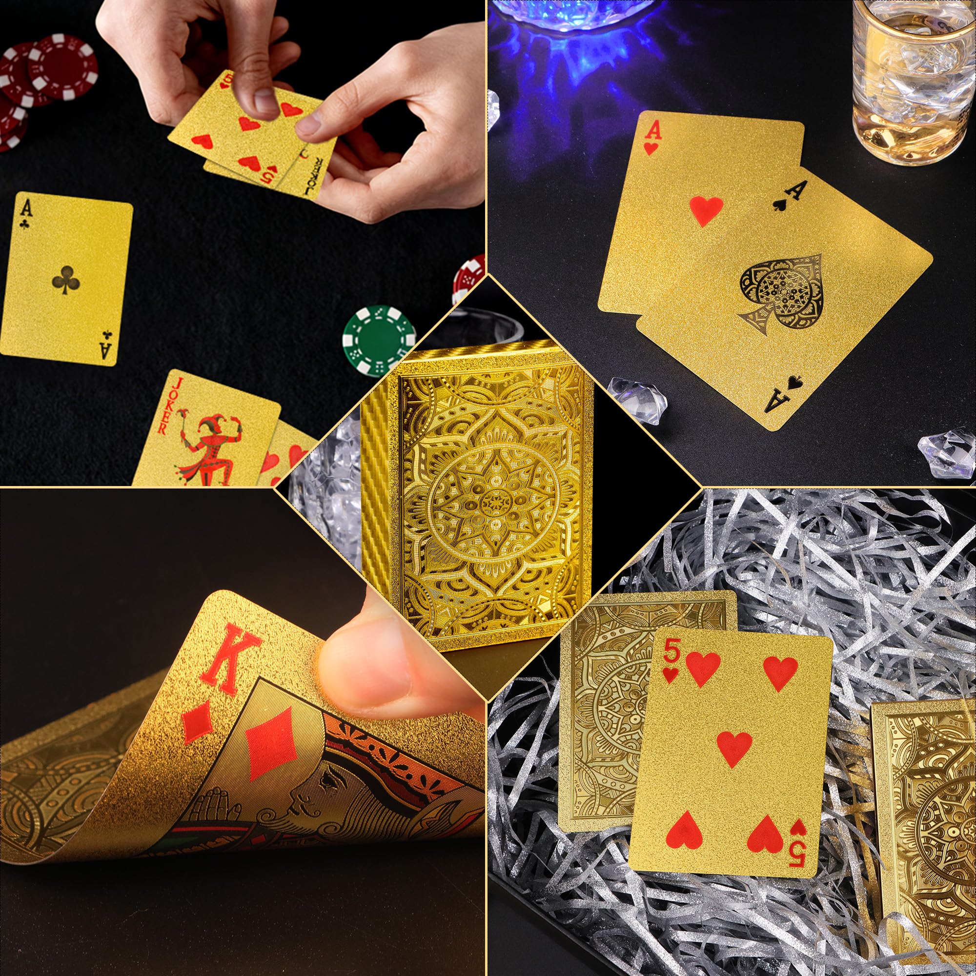 Cartas de juego doradas, cartas de plástico impermeables, 4 barajas de cartas, cartas de juego estándar para adultos, juego de cartas de póquer premium para juegos familiares, regalo nocturno, camping