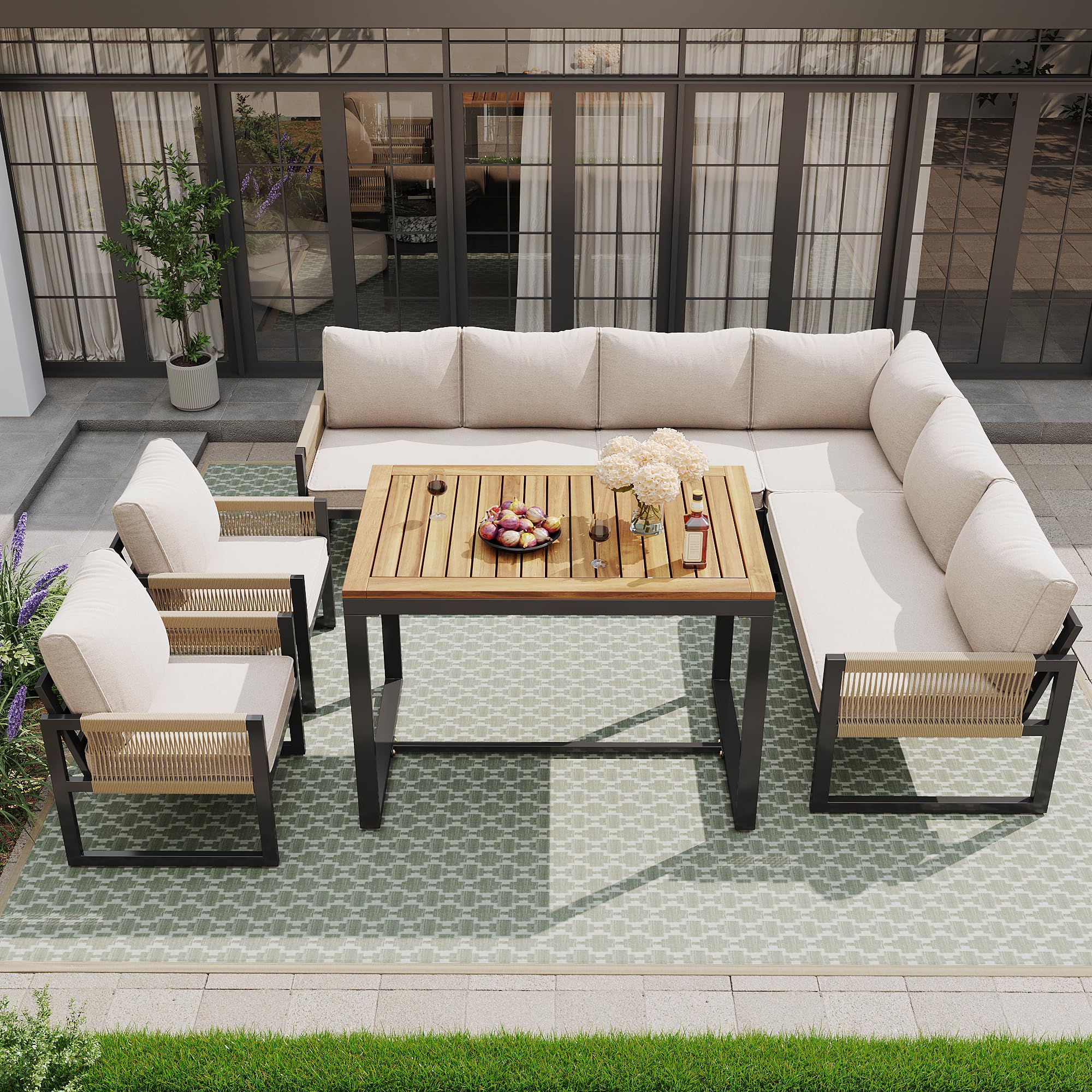 TIZZ Juego de muebles de jardín para 7 – 8 personas, juego de salón de jardín, conjunto de muebles de jardín, balcón, terraza, resistente a la intemperie, conjunto de asientos para comedor, moderno