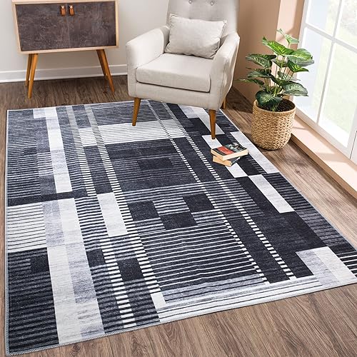 Bloom Rugs Mysia Alfombra lavable de 3 x 5 pies, color negromarfil, para sala de estar, dormitorio, comedor y cocina, tamaño exacto 3 x 5 pies