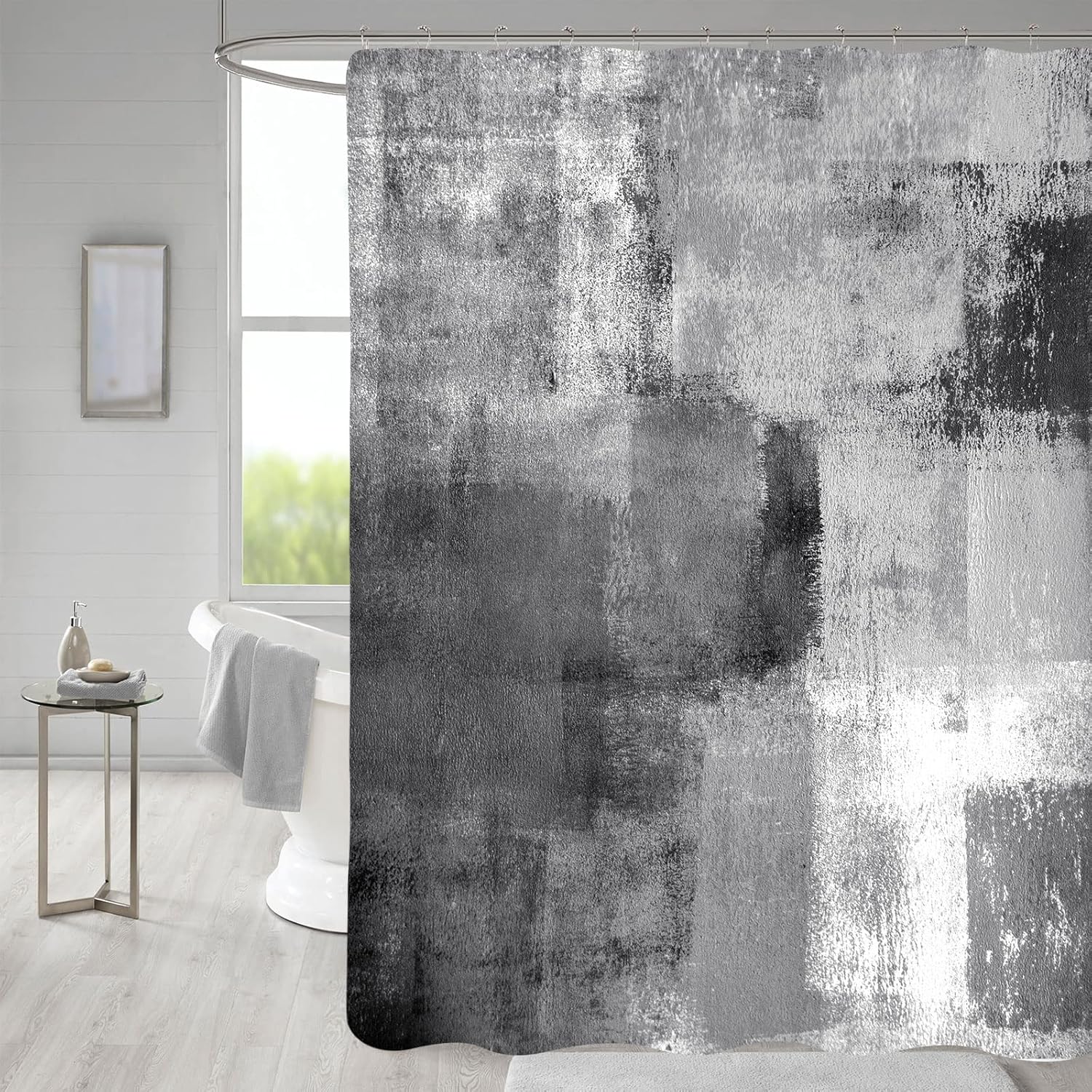 MitoVilla Grey Ombre Shower Curtains with Hooks, Abstract Rustic Shower Curtain for Chic Bathroom Decor, Paint Brush Graffiti Design, Vintage Country Grunge Style, 72 x 72