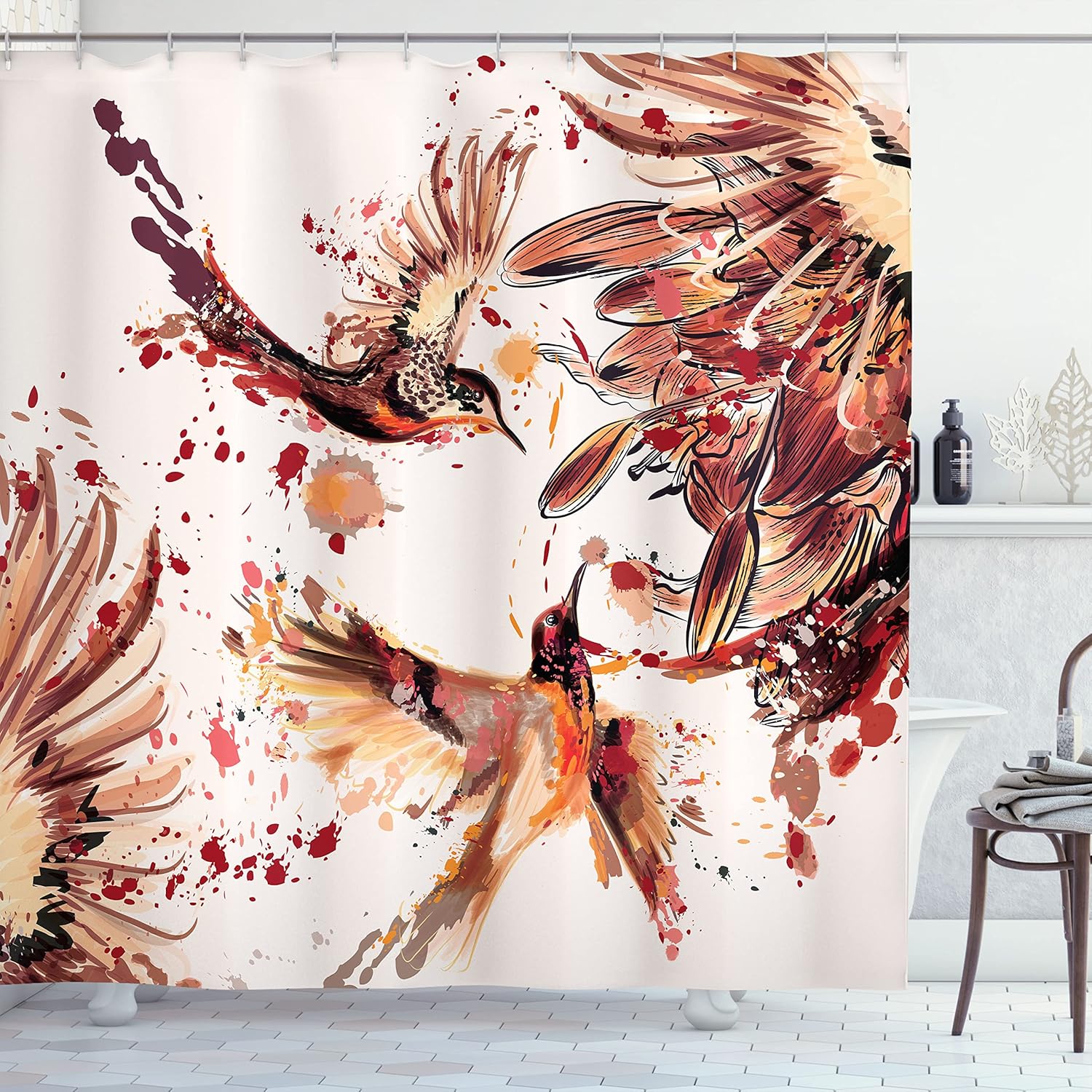 Ambesonne Hummingbird Shower Curtain, Lily Flowers Birds and Color Splashes in Watercolor Painting Style, Cloth Fabric Bathroom Decor Set with Hooks, 69" W x 70" L, Pearl Salmon Dark Mauve