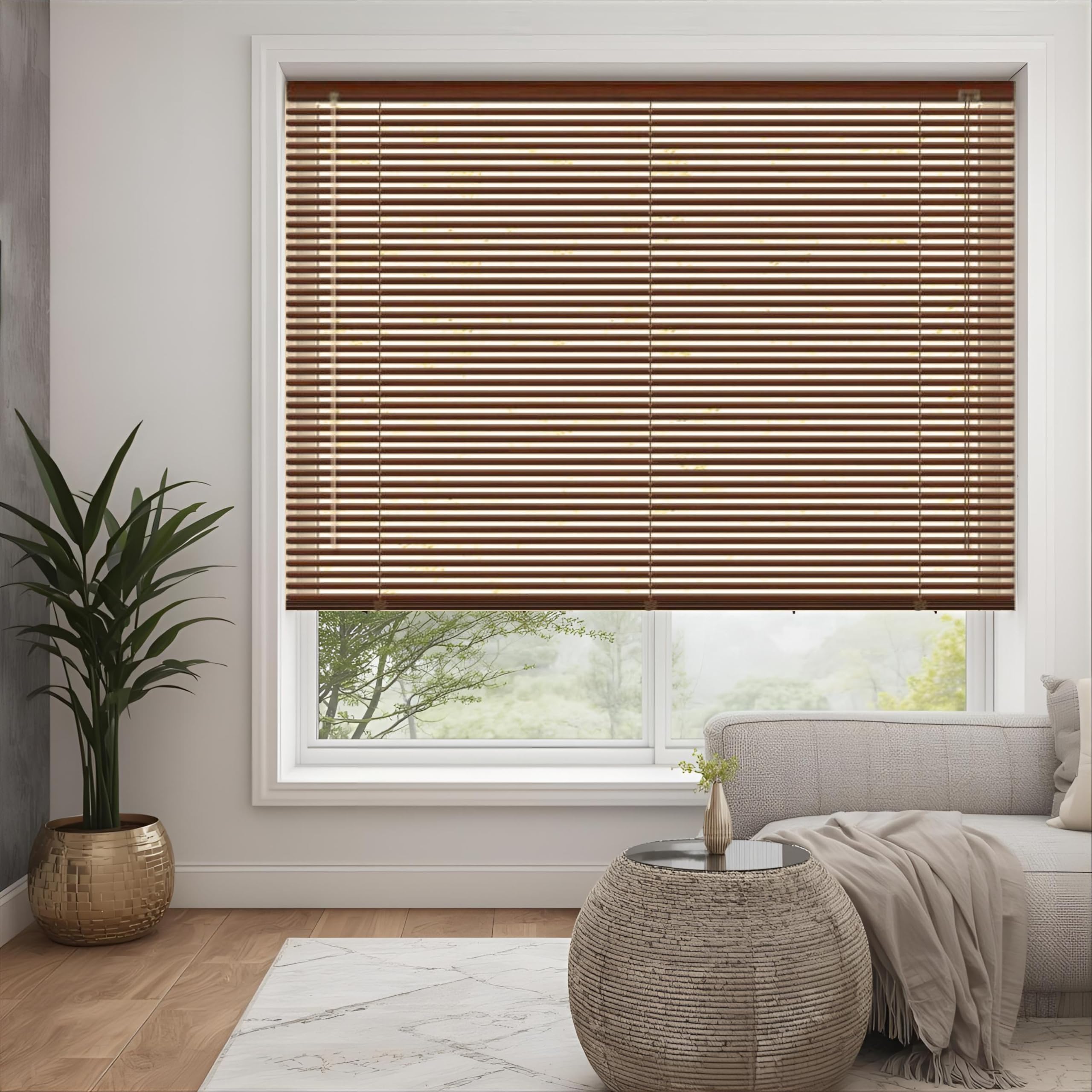 Walnut - Wood grain Effect PVC venetian Blind - Width 170cm x Drop 213cm - 25mm Horizontal Slats - Easy Fit Trimmable fitting with Tilt control Wand Mechanism