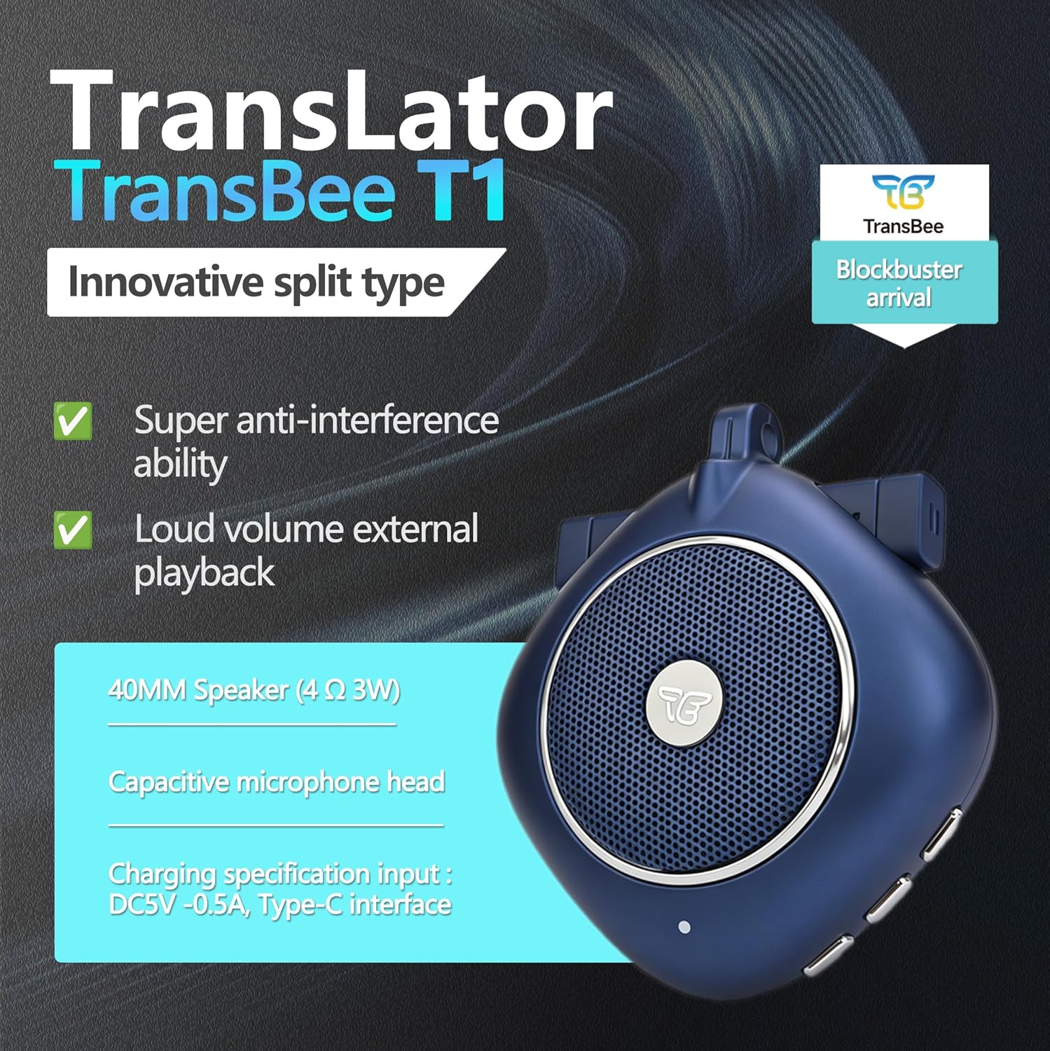 TOSING Transbee Series Portable Two-Way Voice Translator Device, Dual Microphone Interview Translation Tool with Speaker, Real-Time Multilingual Translation, Conversation History Recording (Blue)