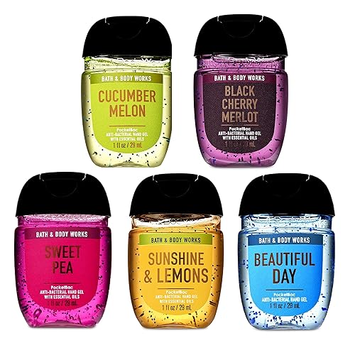 Bath and Body Works FRUITY & FRESH - Paquete de 5 desinfectantes de manos PocketBac (hermoso día, melón de pepino, merlot de cereza negra, durazno