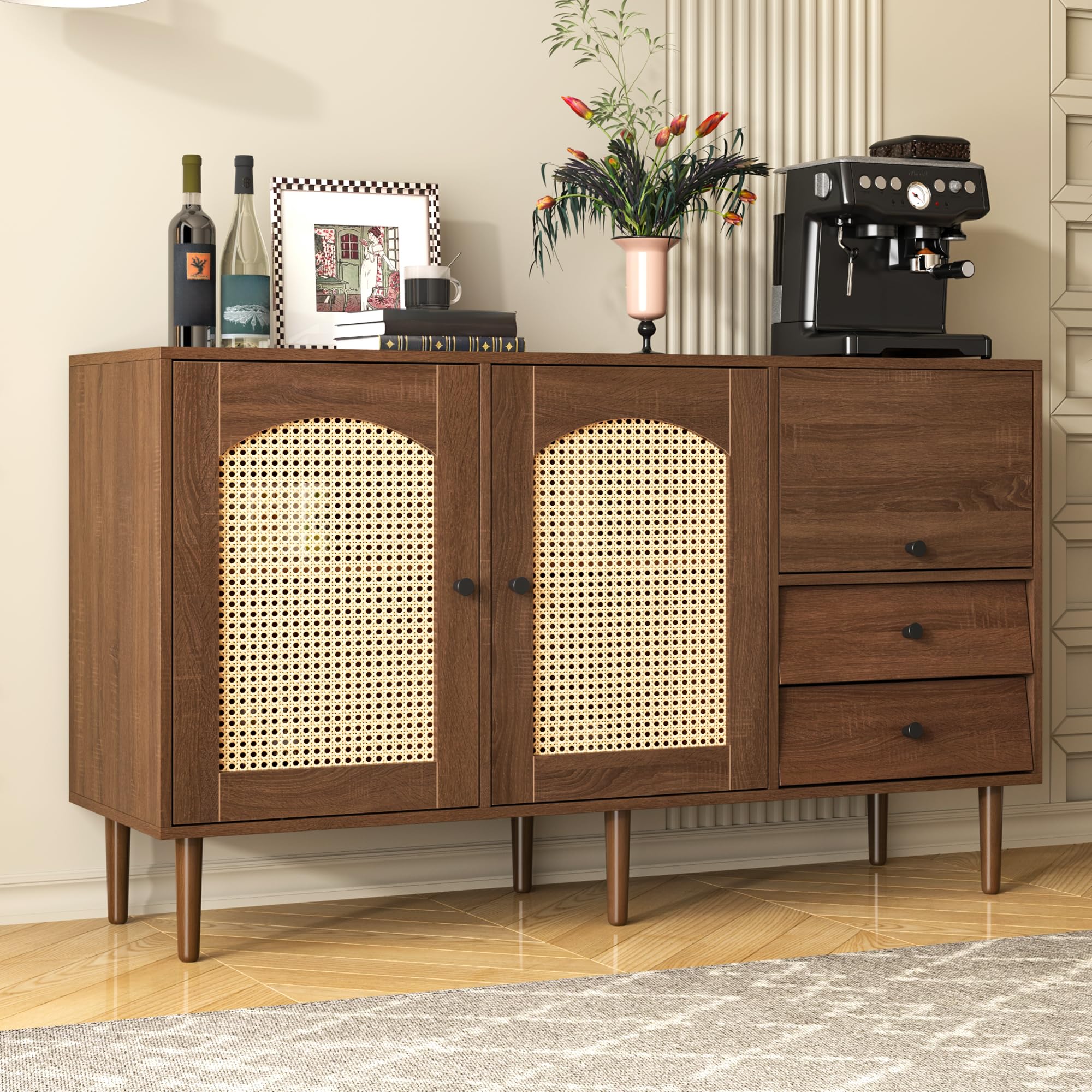 BTM Sideboard mit Rattan Einsatz, 3 Türen und 2 unregelmäßigen Schubladen, Sideboard TV-Schrank für Flur Schlafzimmer Wohnzimmer Esszimmer,Braun,130Lx75Bx40H cm