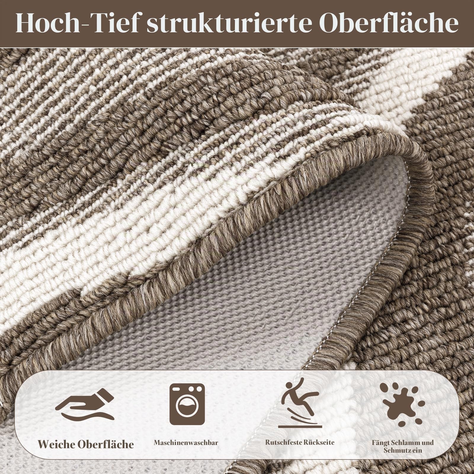 Teppich Läufer Flur rutschfest Küchenteppich, Braun, 80x300cm