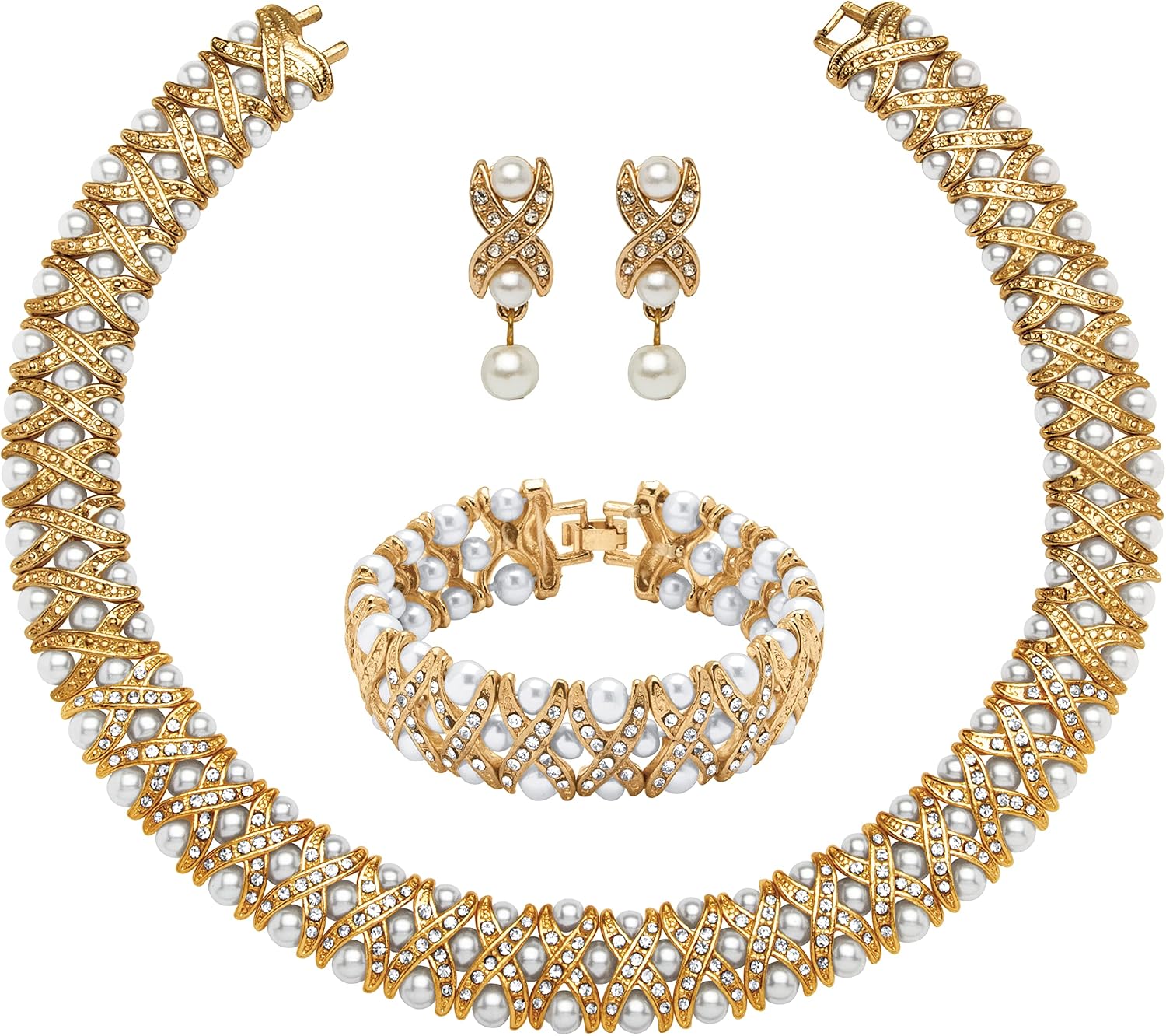 PalmBeach Goldtone Round Crystal and Simulated Pearl 3 Piece X and O Collar Necklace, Earring and Bracelet Set, 18 inches
