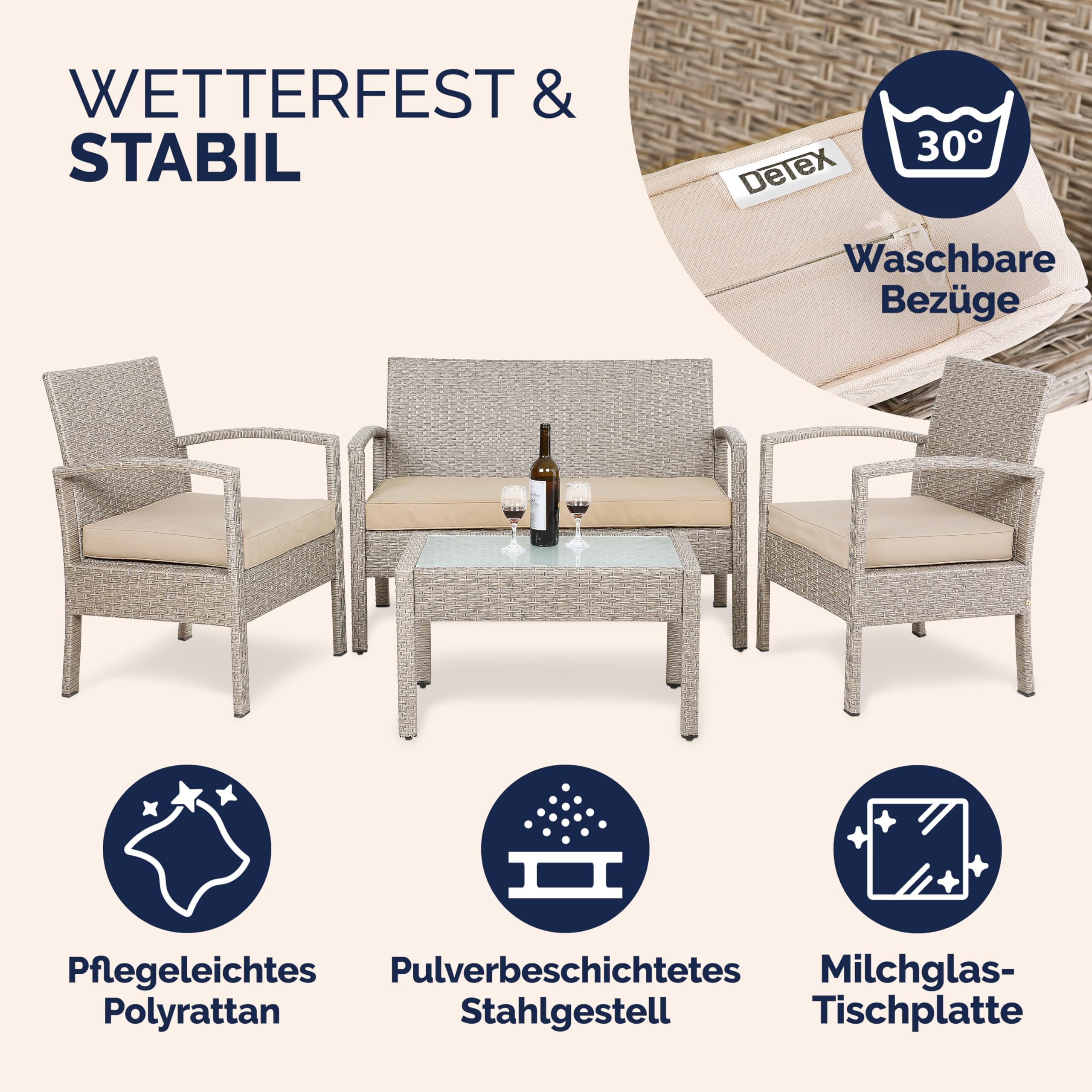 Casaria Lounge Tavolo da Giardino Polyrattan Set 4 Persone con Cuscini
