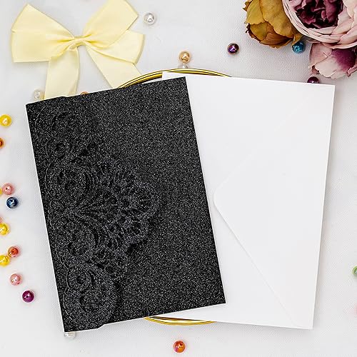 Miniatura 9 de Builcker Tarjeta de felicitación, 20 tarjetas de invitación con purpurina negra cortada con láser para bodas, fiestas, cumpleaños, graduaciones, Año