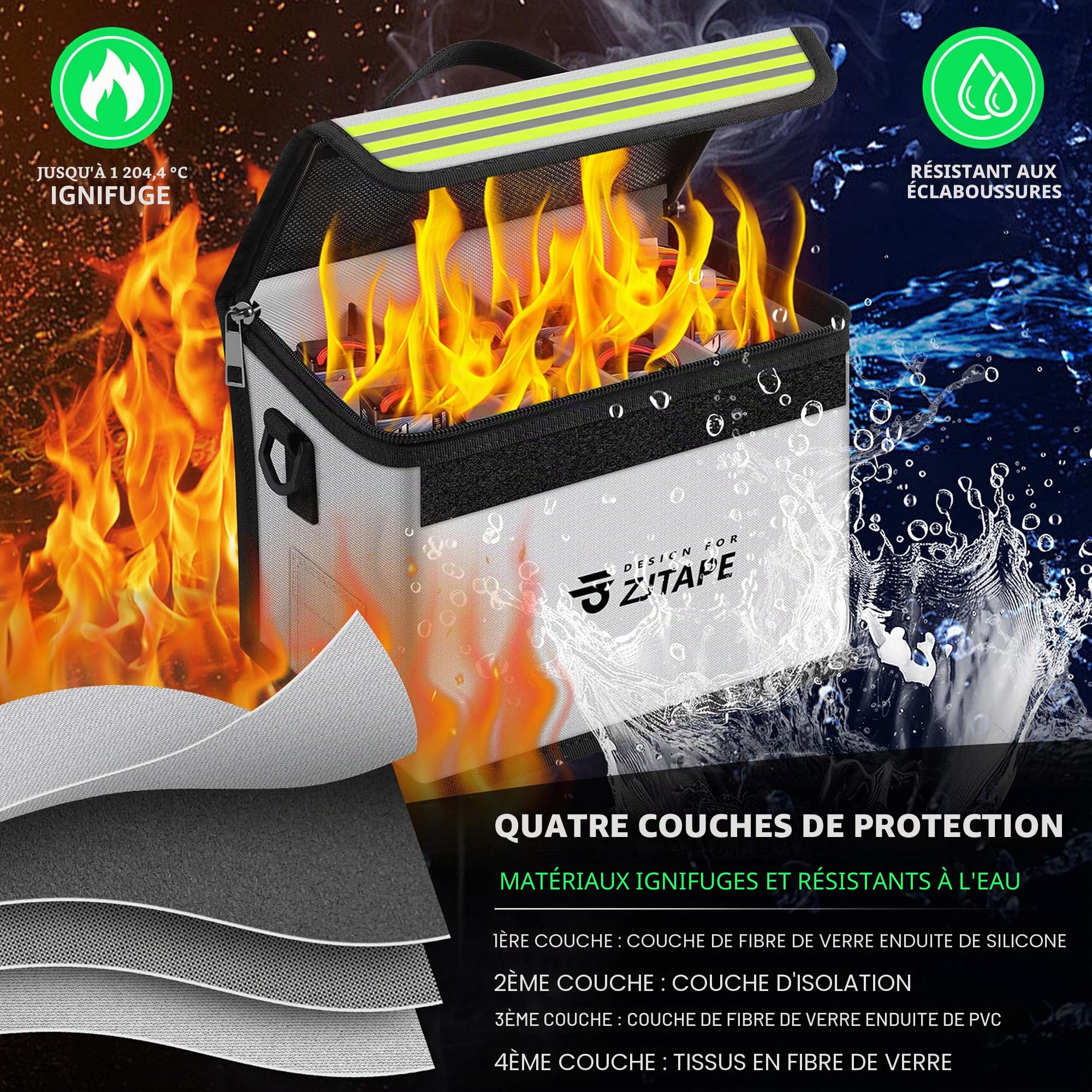 ZJTAPE Lipo Safe Bag Ignifuge, Grand Espace Boîte de Rangement Lipo – Coffre-Fort, Sac de Batterie Réglable pour Le Chargement et Le Stockage