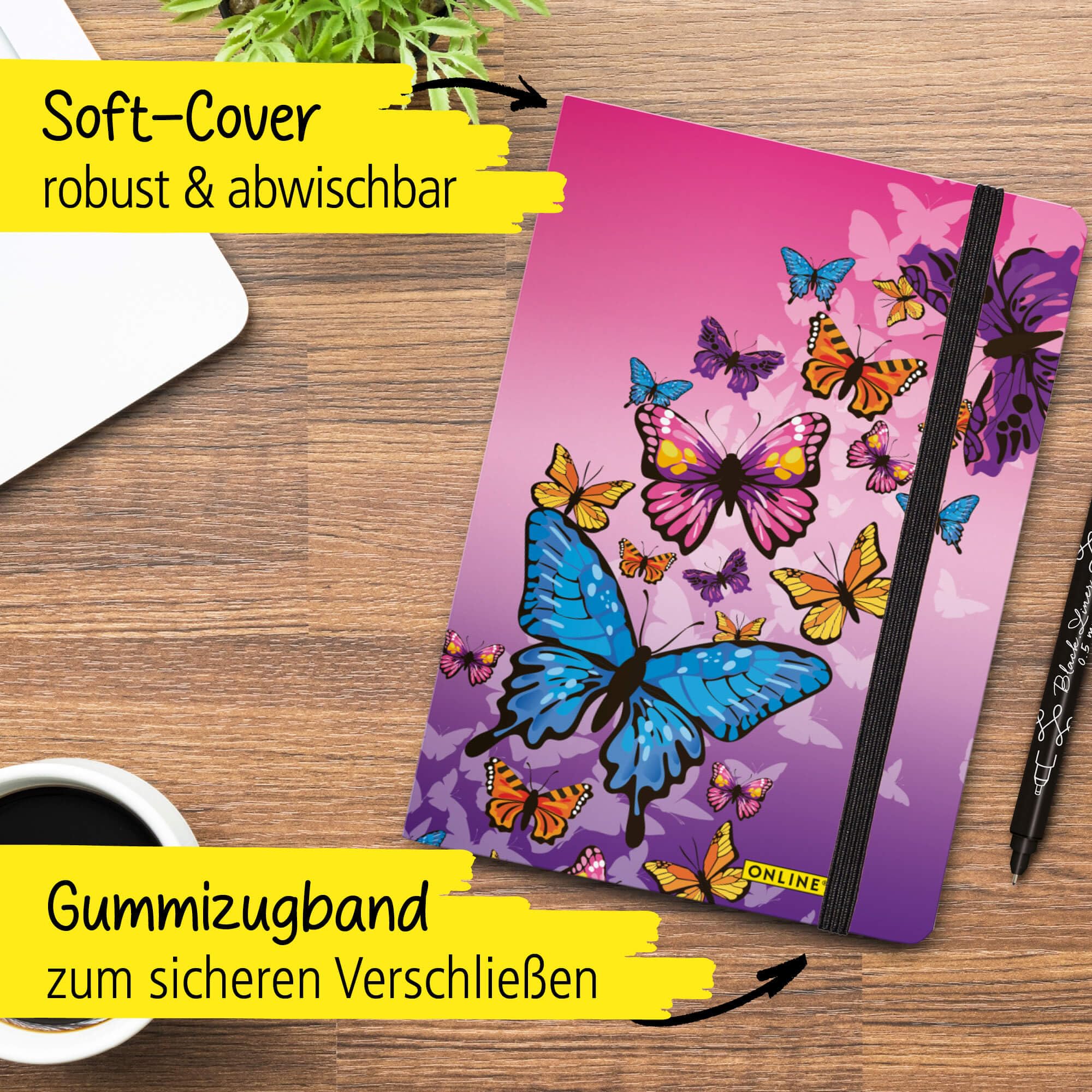 Online Bullet Journal Butterfly Dotted A5 z gumową taśmą, papier FSC, 120 g/m², 144 strony wewnętrzne, notes w kropki, z miękką okładką, dziennik do notatek, szkiców, list