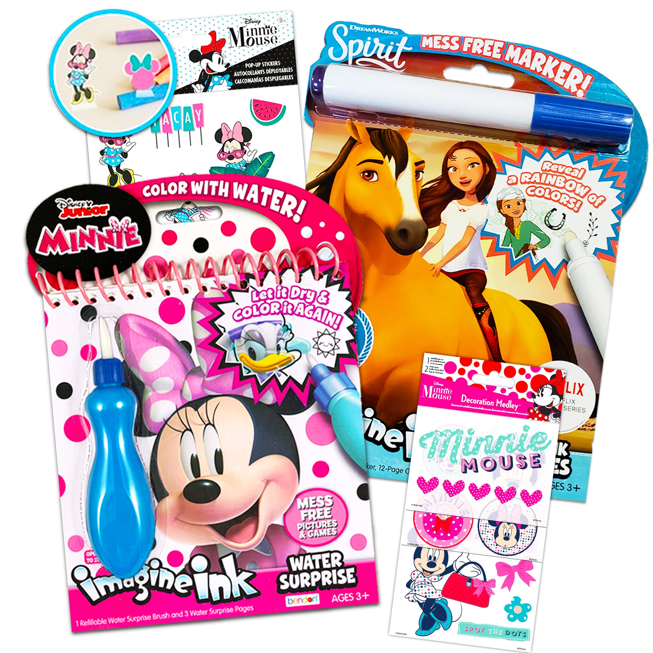 DisneyShop Minnie Mouse Paint with Water Super Set for Kids Toddlers Bundle ~ 2 Mess Free Books with Water Surprise Brush, Pen and Stickers (Minnie Mouse Party Supplies)